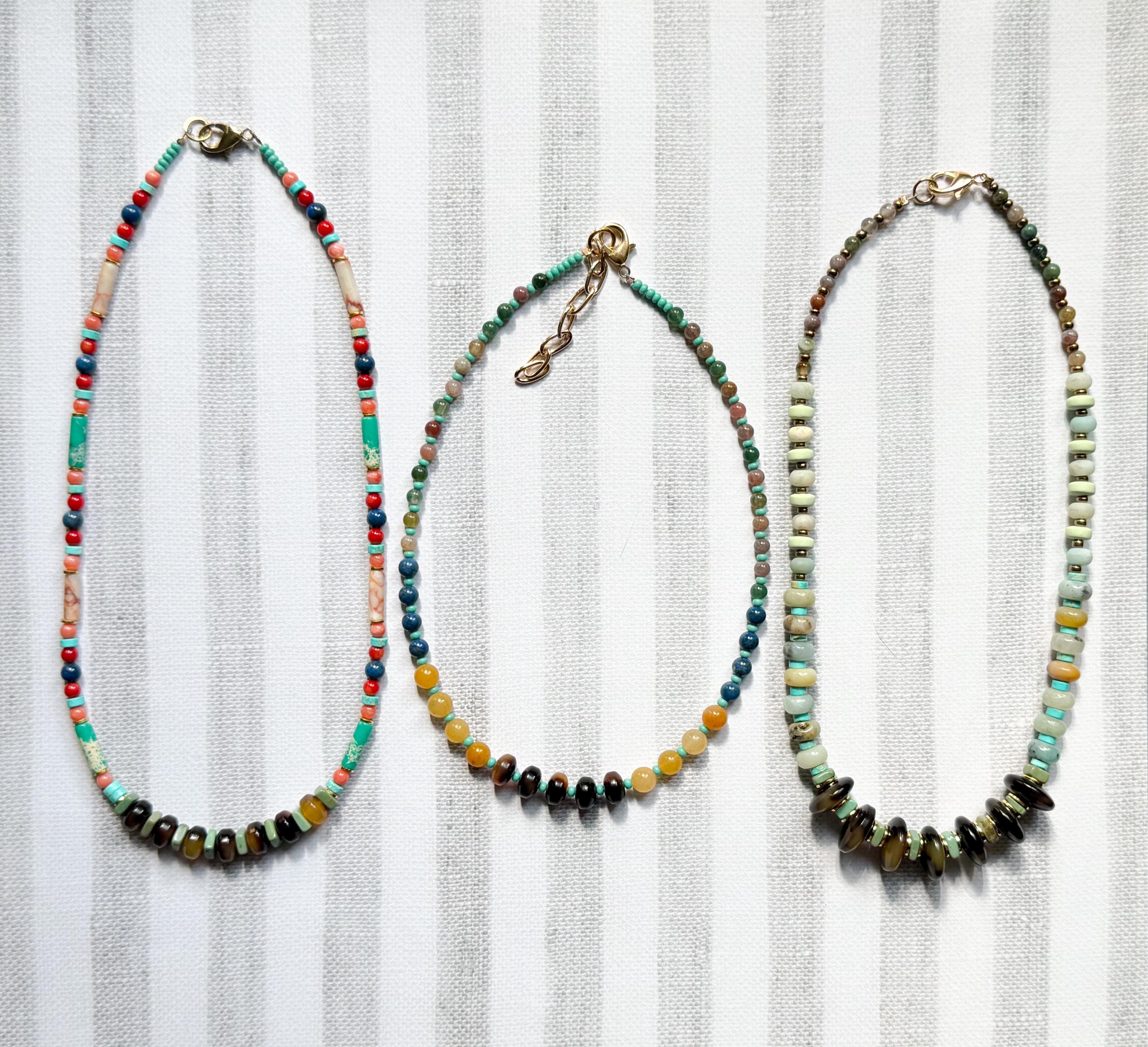 Beaded Necklace Made Handmade From Tortoise Shell, Agate, Amazonite, and Turquoise Beads with Gold Spacers Handmade in NYC Limited Edition