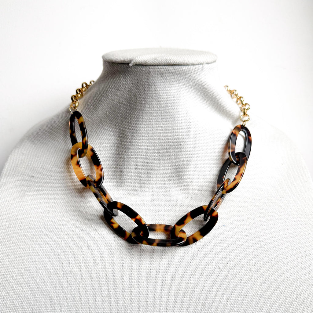 Tortoise Shell Chain Necklace 20" Handmade From Italian Cellulose Acetate and Gold Filled Chain Tortoise Link Necklace Lucite Chain