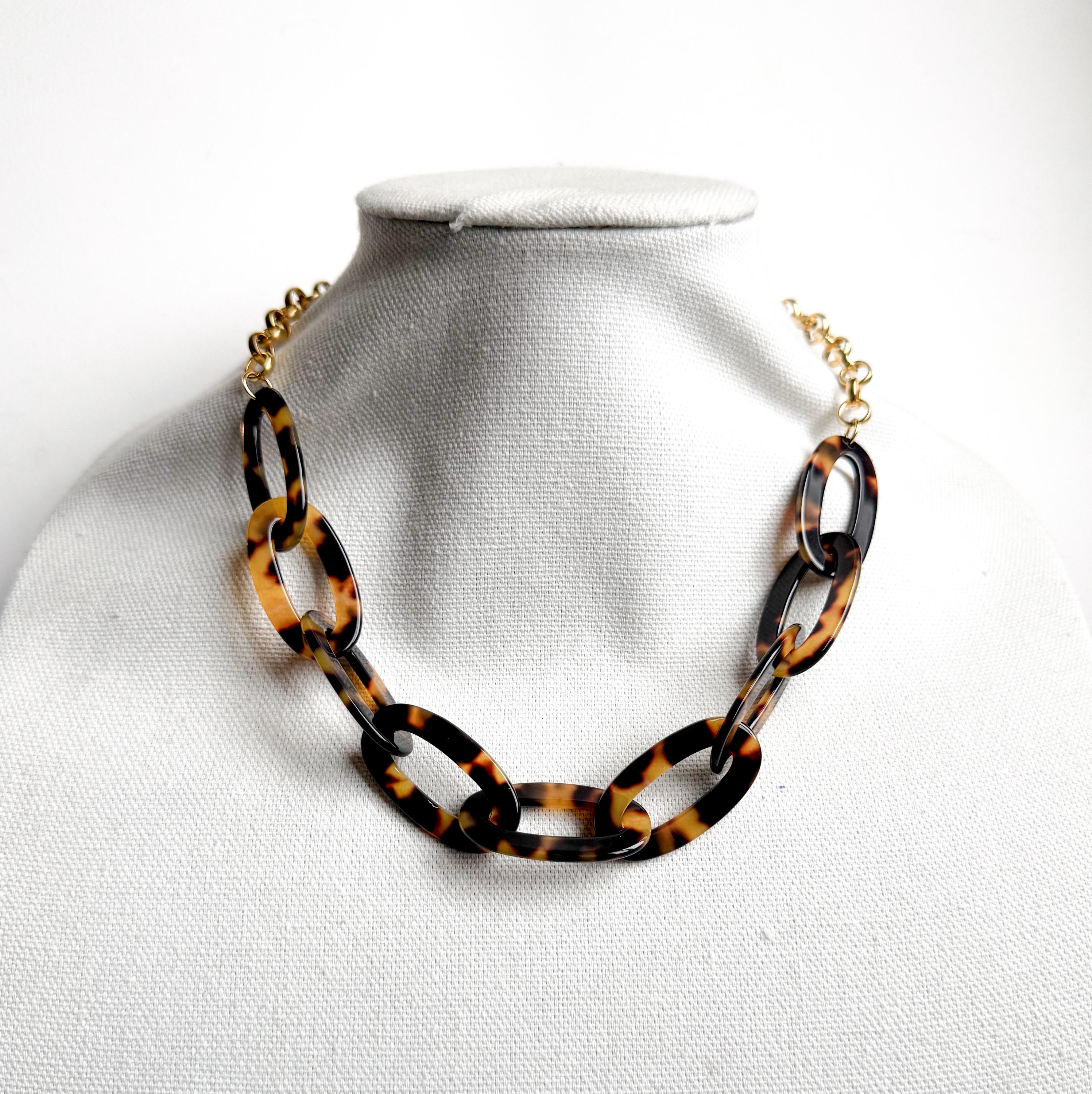 Tortoise Shell Chain Necklace 20" Handmade From Italian Cellulose Acetate and Gold Filled Chain Tortoise Link Necklace Lucite Chain