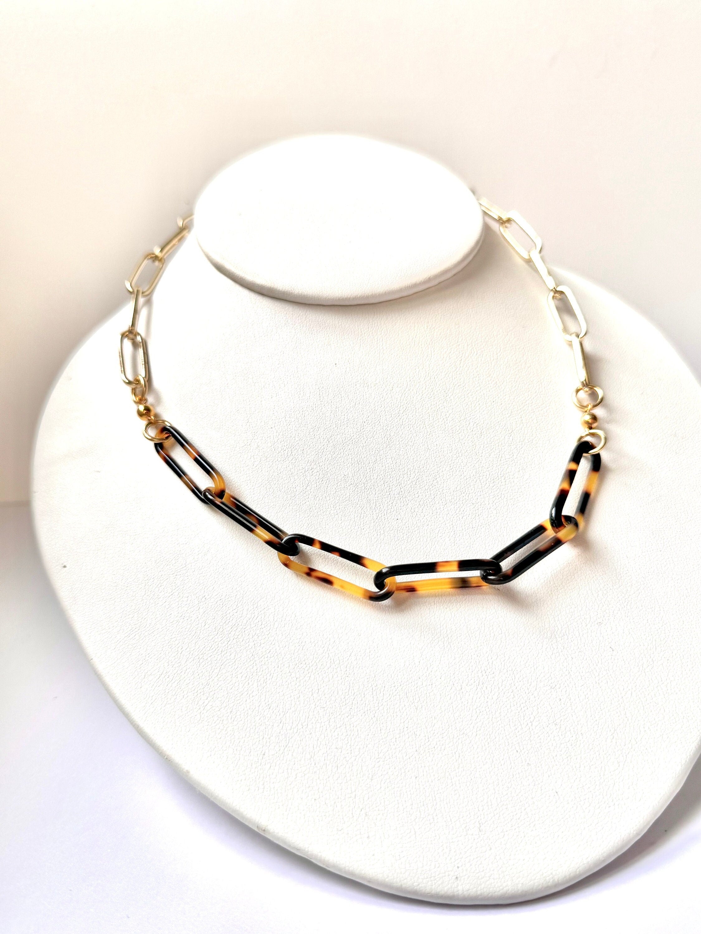 18" Tortoise Shell and Gold Filled Paperclip Chain |Handmade From Italian Cellulose Acetate | Tortoise Shell Necklace Made in USA