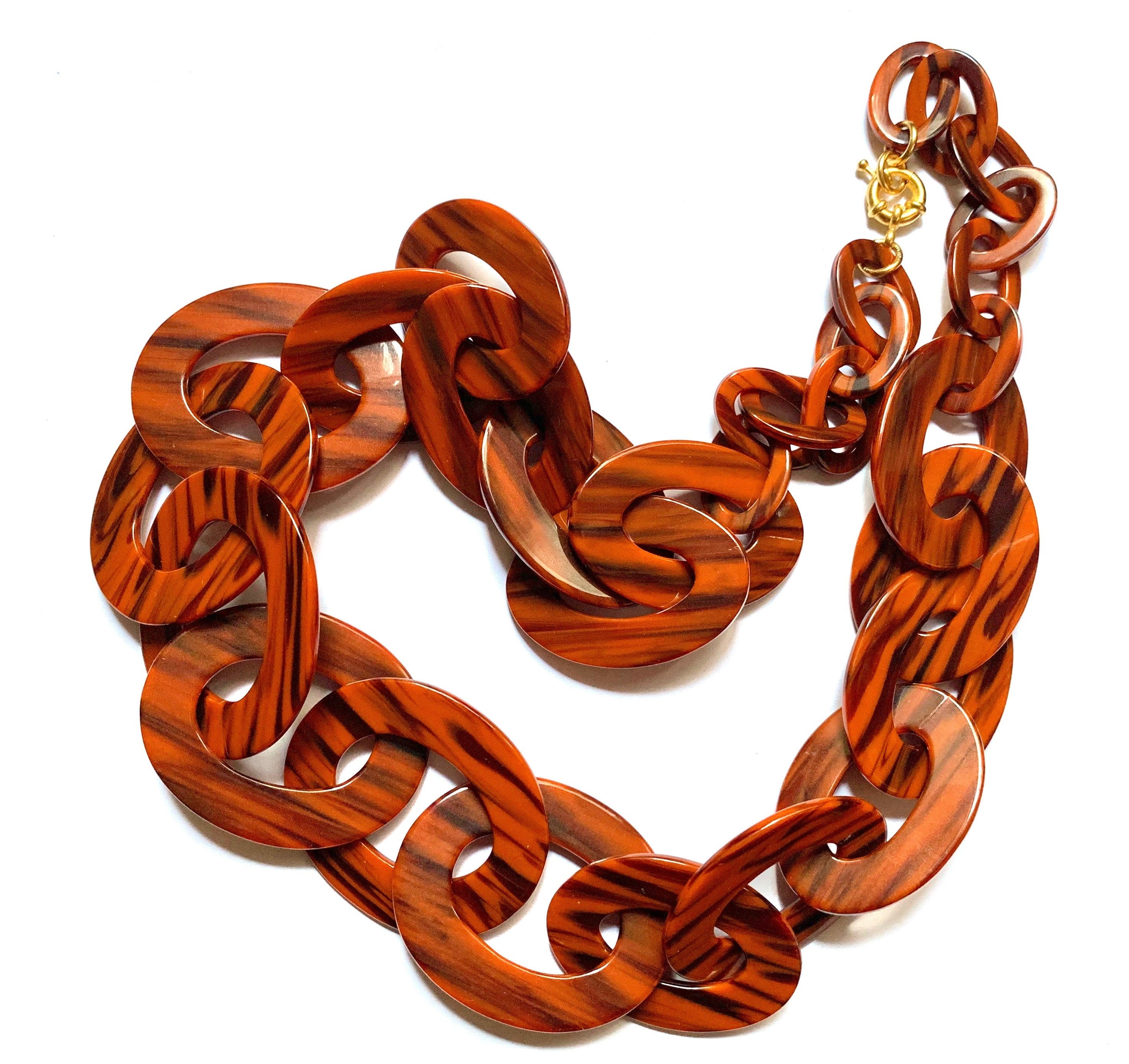 Italian Cellulose Acetate Graduating Links Chain 28" Necklace in Burnt Siena |Spice Colored Chunky Resin Chain| Handmade in the USA|