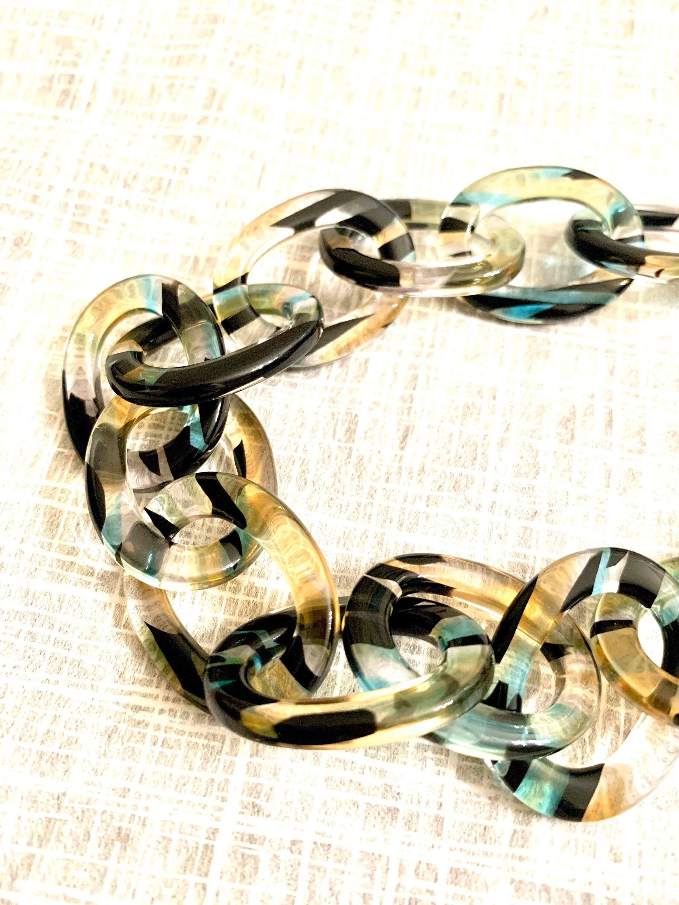 18" Chunky Choker Length Cellulose Acetate Chain in Clear Pattern With Streaks of Black, Chartreuse and Blue |Handmade in the USA|