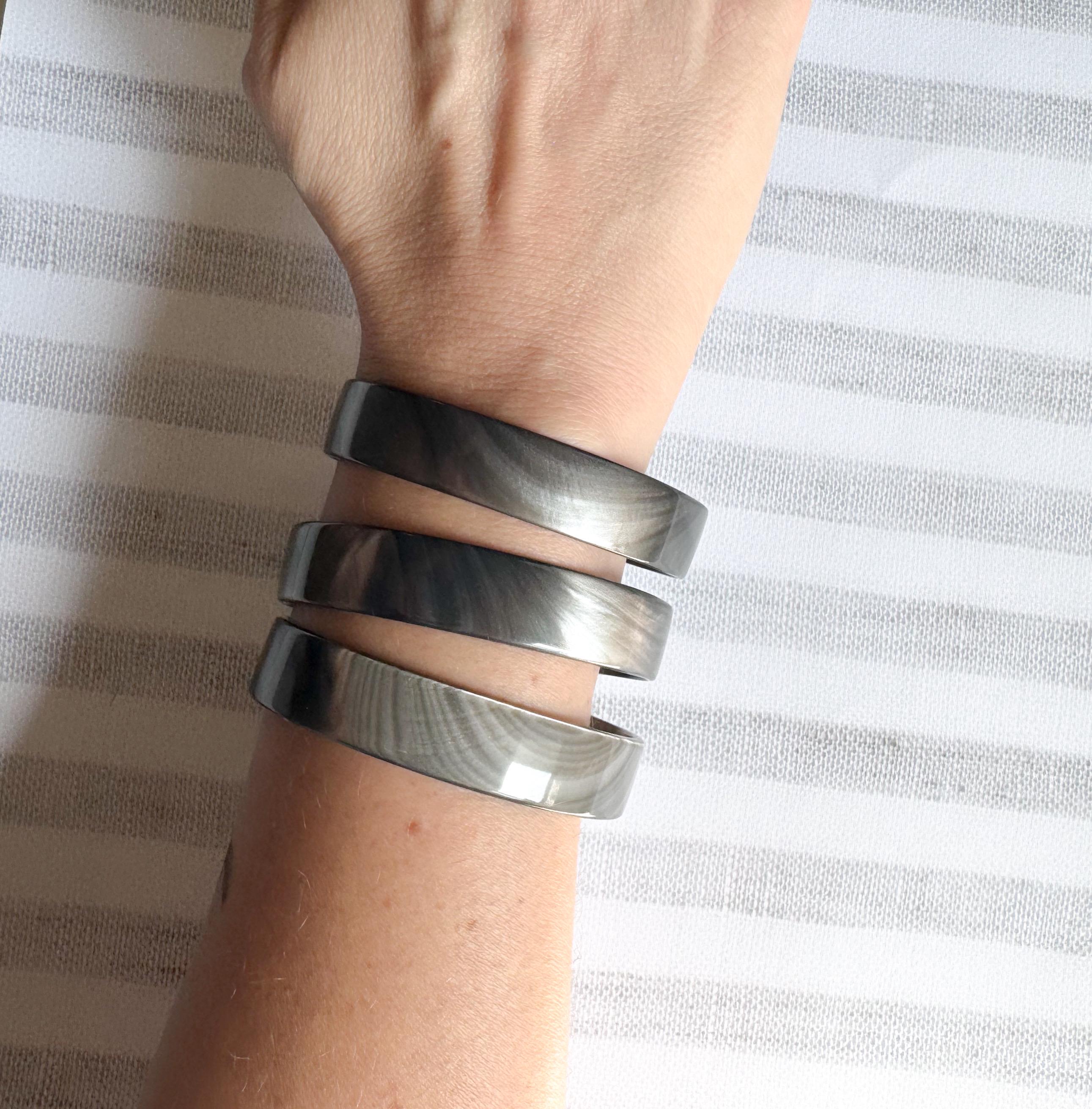 set of Three Silver Hematite Resin Bangle Bracelets Handmade From Italian Cellulose Acetate Vintage Never Worn Metallic Bangles