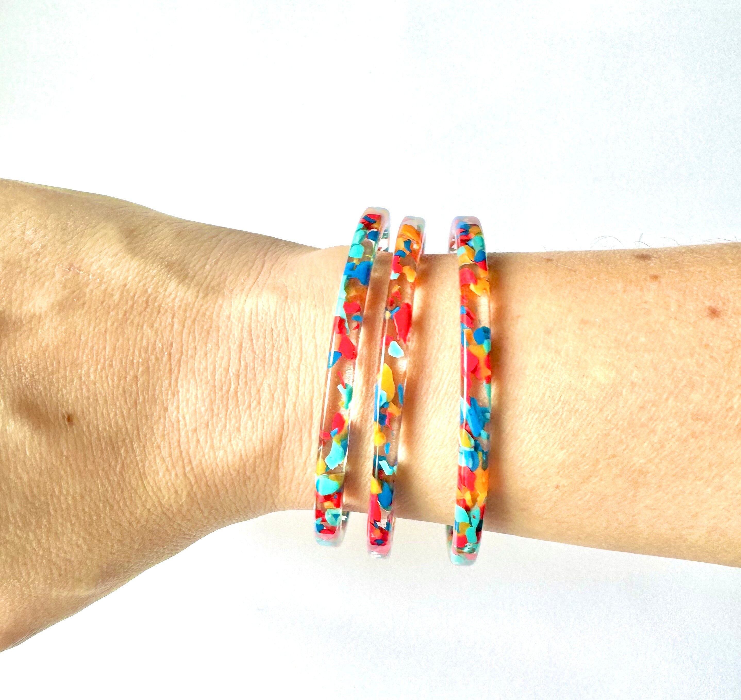 Set of Three Skinny Stacking Bangle Bracelets in Red Confetti Vintage Italian Cellulose Acetate | Handmade in the USA|