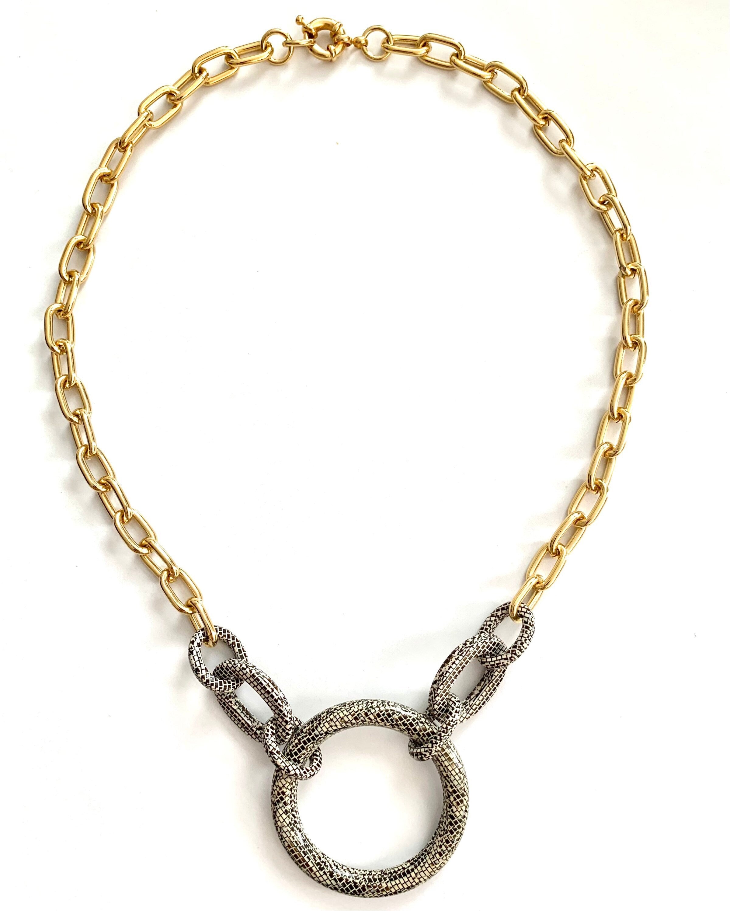 18"  Chunky Gold Choker Chain with Vintage Grey Serpentine Italian Cellulose Acetate Rings on  |Handmade in the USA|