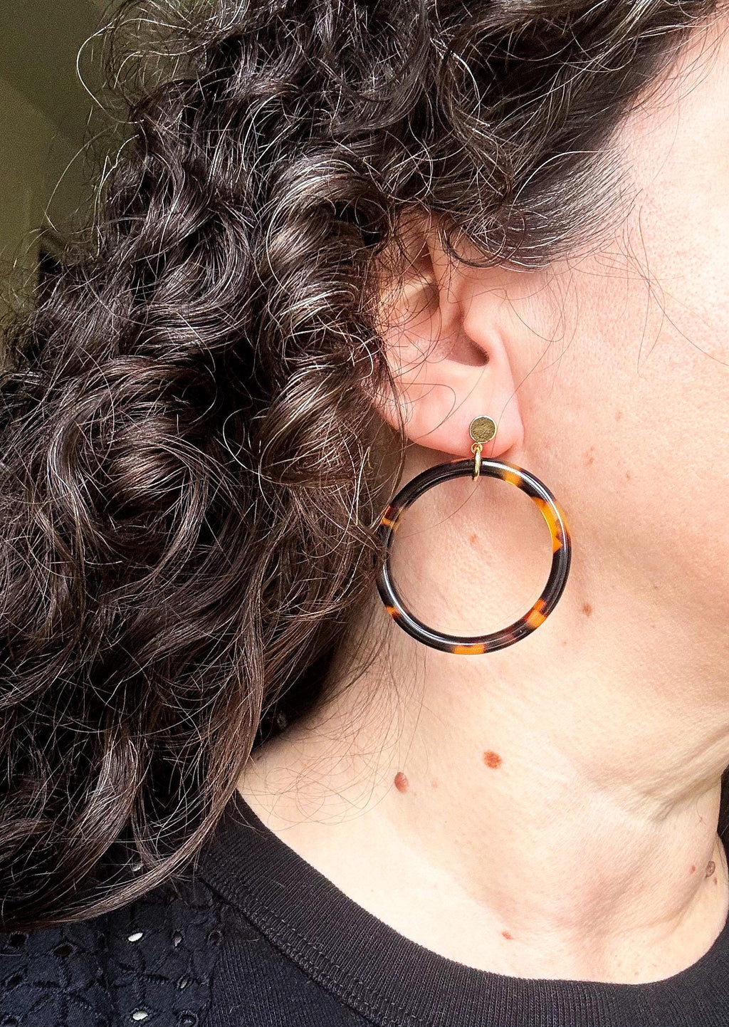 The 'Elena' Tortoise Hoop Earring Tortoise Shell Circle Drop Earring with Gold Post Handmade in NYC