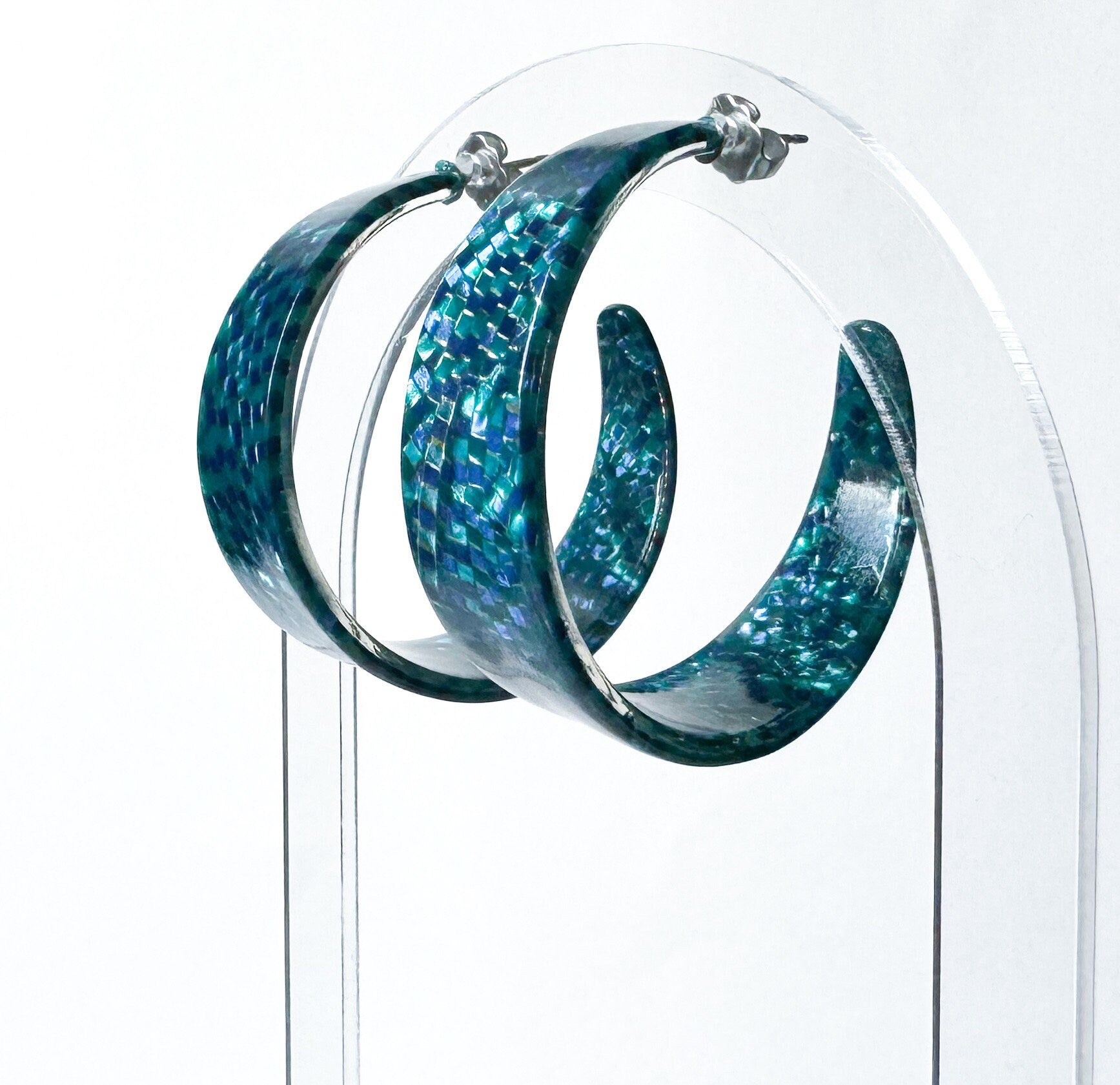Metallic Teal Mosaic Tapered Hoop Earring Italian Cellulose Acetate Hoop |Handmade in the USA| Lucite Statement Hoop Resin Hoop acrylic hoop