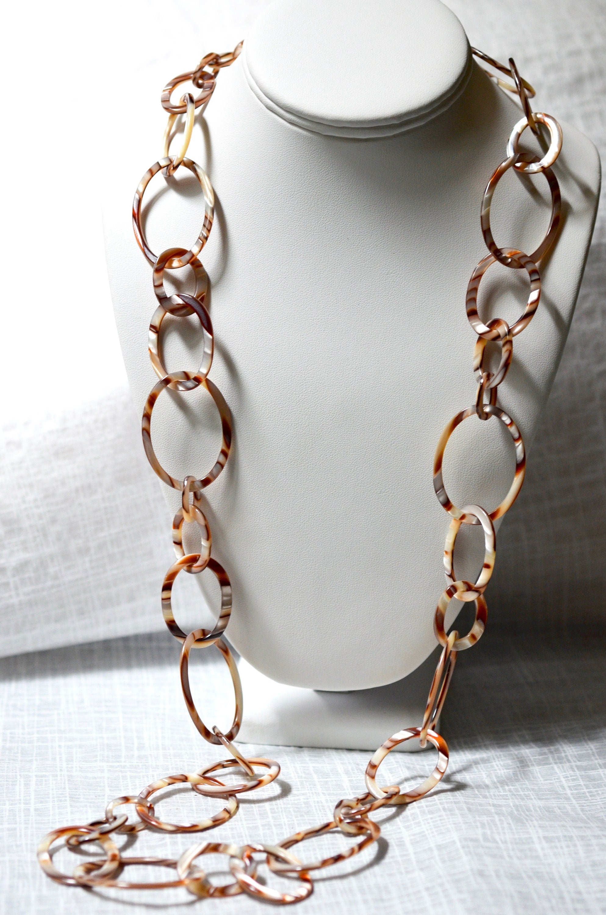 38" Alabaster Faux Tortoise Graduating Links Chain Made From Vintage Italian Cellulose Acetate |Handmade in the USA|