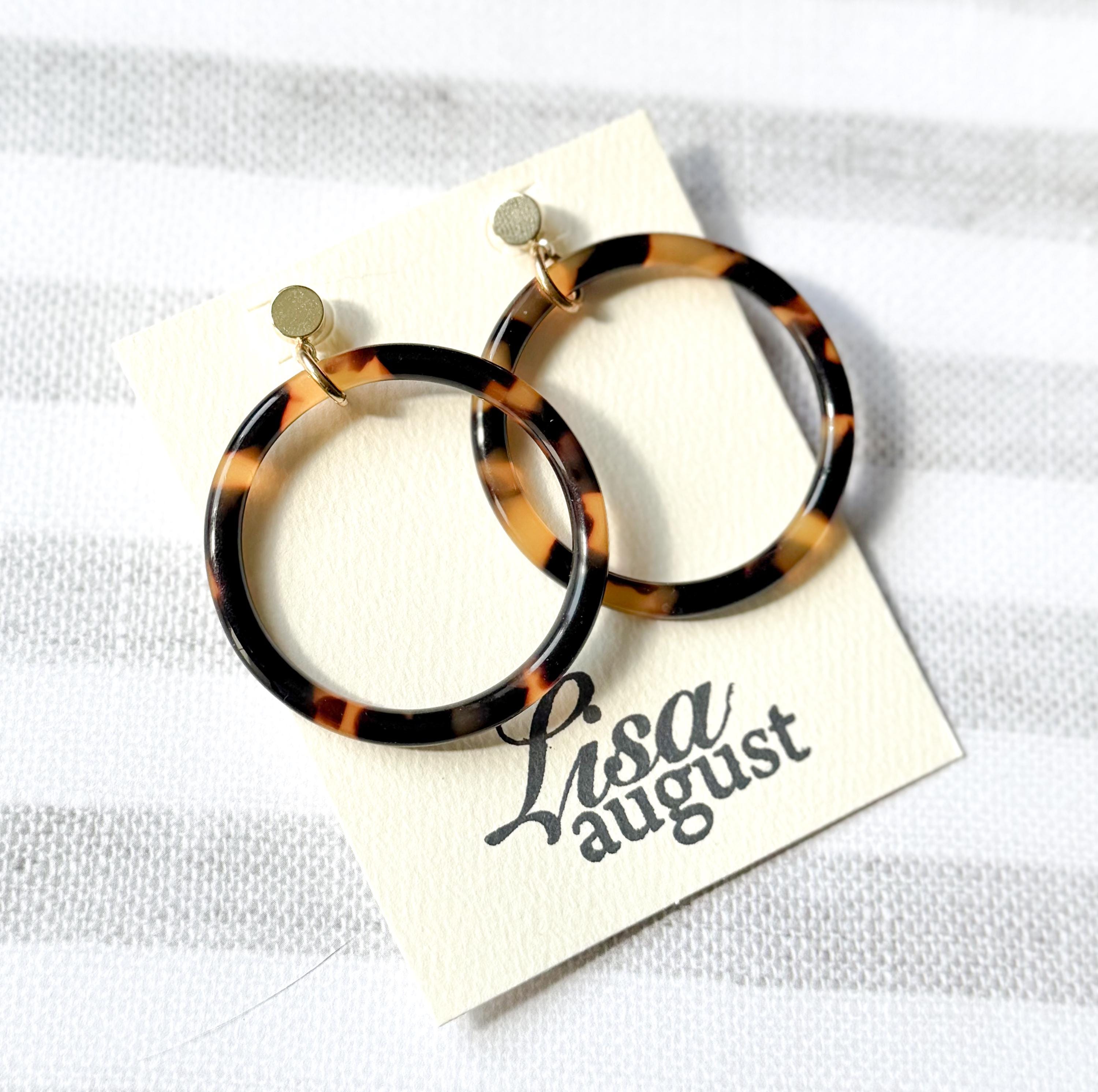 The 'Elena' Tortoise Hoop Earring Tortoise Shell Circle Drop Earring with Gold Post Handmade in NYC