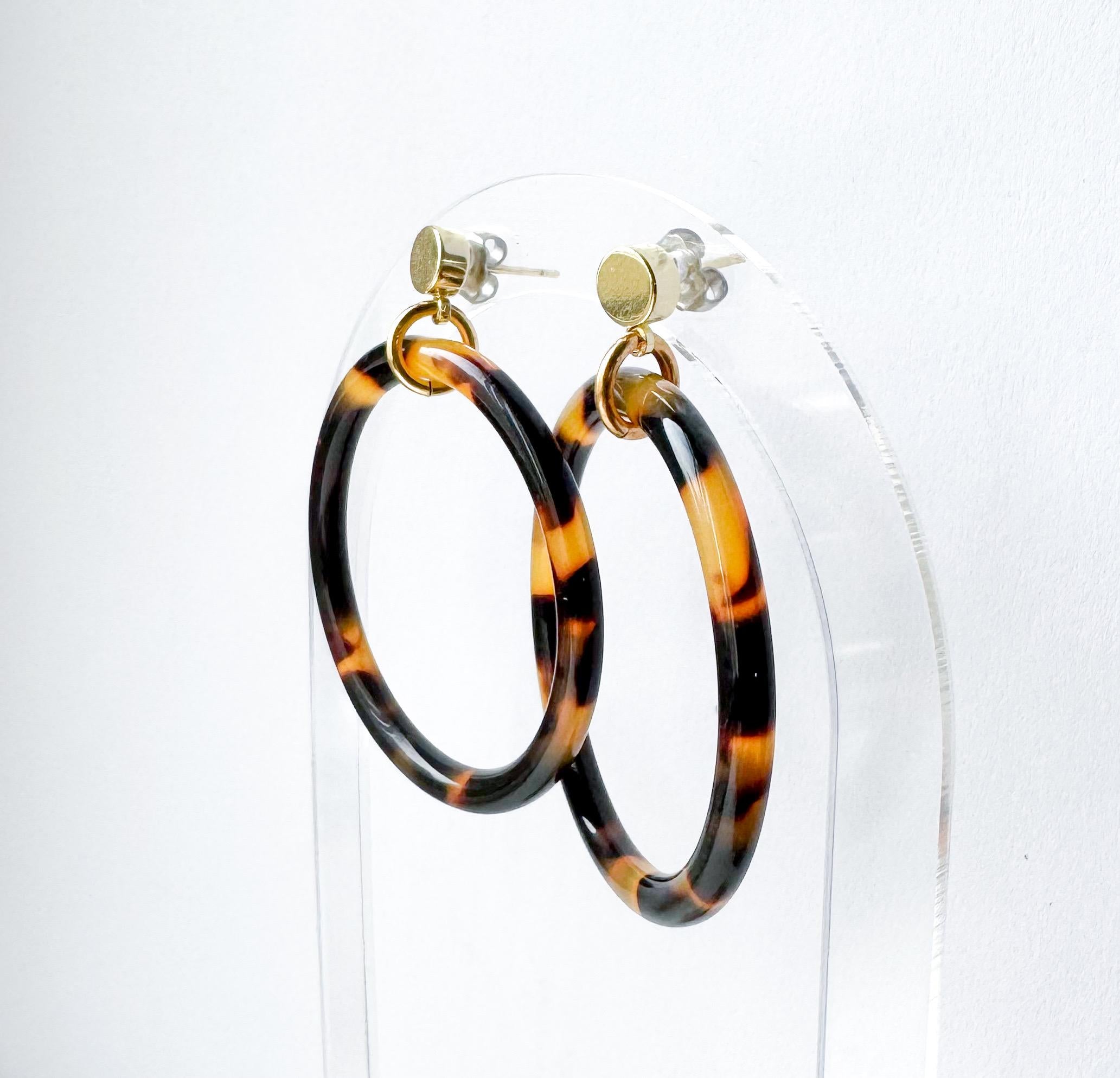 The 'Elena' Tortoise Hoop Earring Tortoise Shell Circle Drop Earring with Gold Post Handmade in NYC
