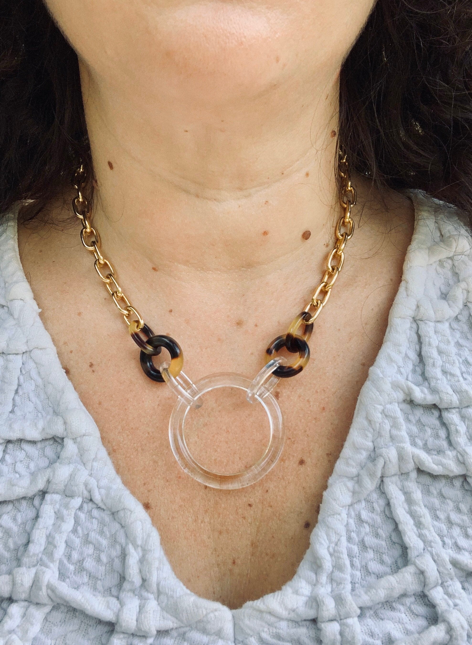 Tortoise Shell and Clear Choker Length Chunky Chain |Vintage Italian Cellulose Acetate | Made in USA | Free Shipping| Transparent Jewelry