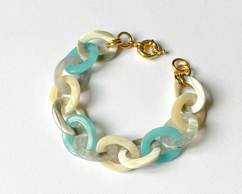 Turquoise and Faux Horn Cellulose Acetate Link Chain Bracelet |Handmade in the USA|