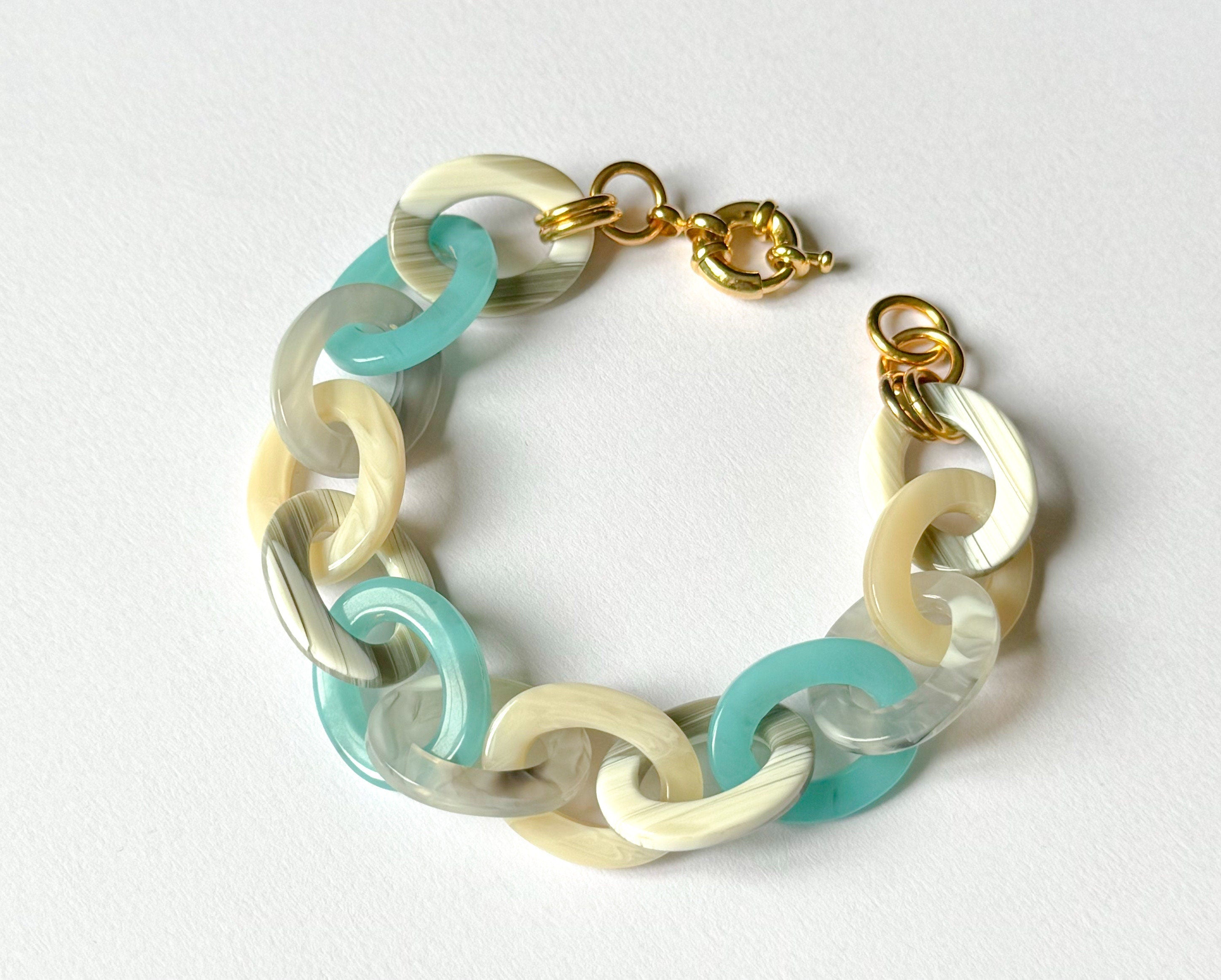 Turquoise and Faux Horn Cellulose Acetate Link Chain Bracelet |Handmade in the USA|