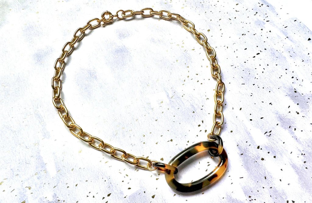 Large Tortoise Shell Link and Gold 17.5" Choker Chain |Repurposed from Vintage Italian Cellulose Acetate Links | Made in USA | Free Shipping