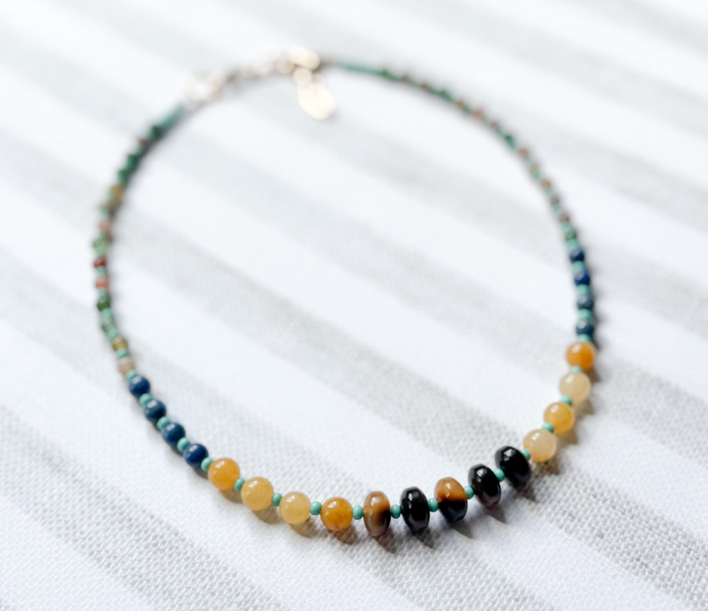 Beaded Choker Necklace Handmade From Tortoise Shell, Turquoise, Lapis, Agate, and Jade Beads With 2" Extender Beaded Gemstone Necklace