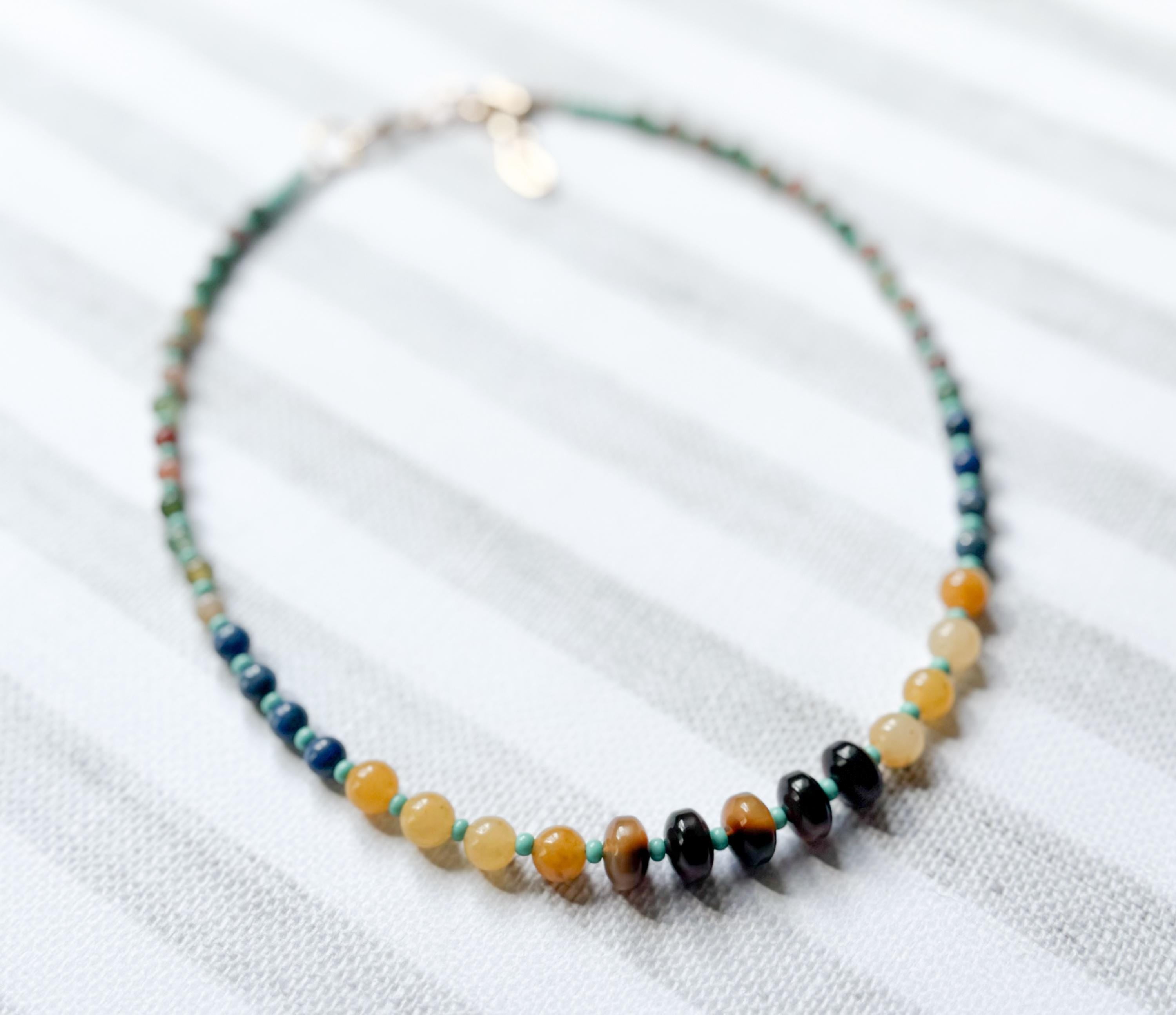 Beaded Choker Necklace Handmade From Tortoise Shell, Turquoise, Lapis, Agate, and Jade Beads With 2" Extender Beaded Gemstone Necklace