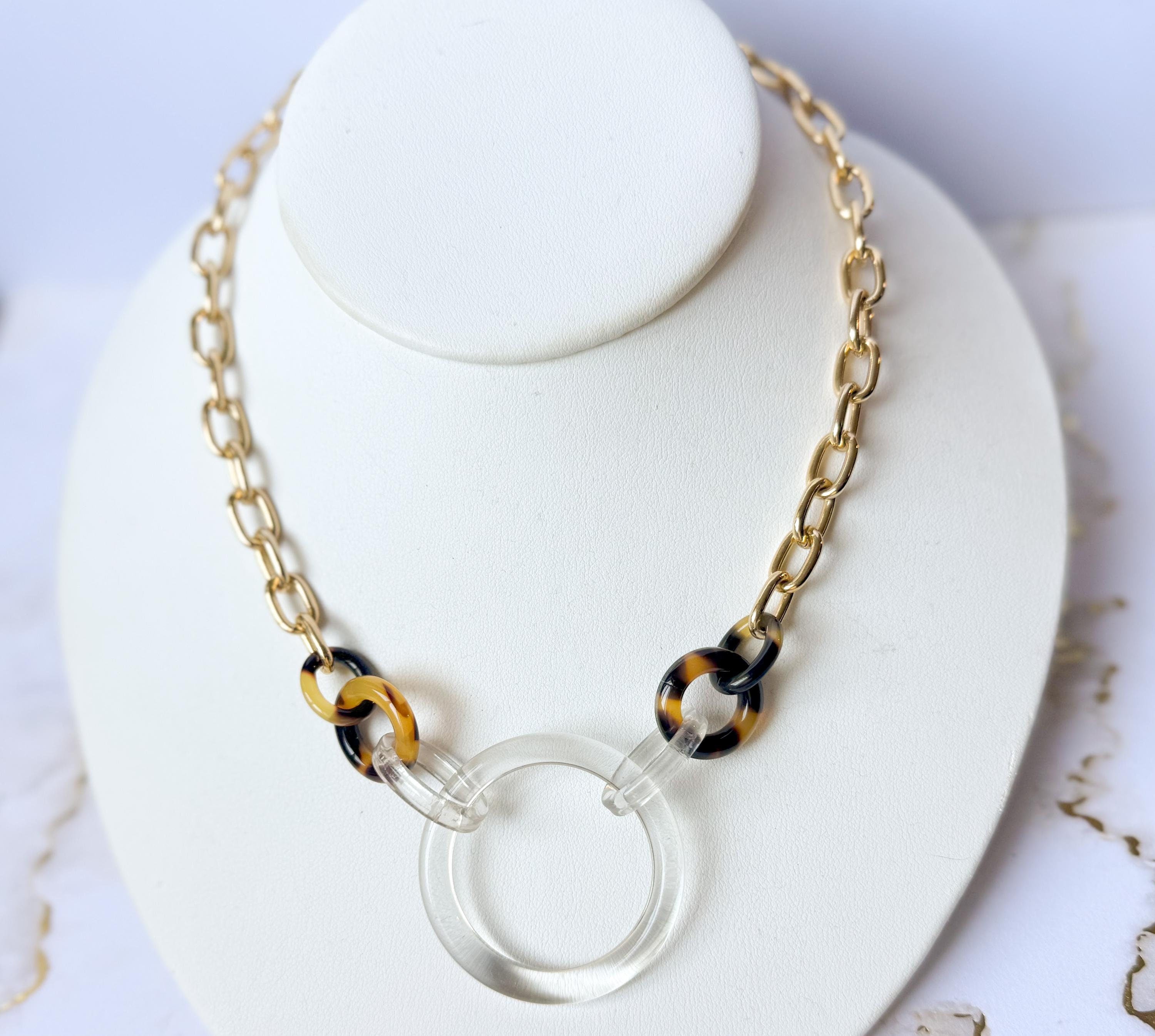 Tortoise Shell and Clear Choker Length Chunky Chain |Vintage Italian Cellulose Acetate | Made in USA | Free Shipping| Transparent Jewelry