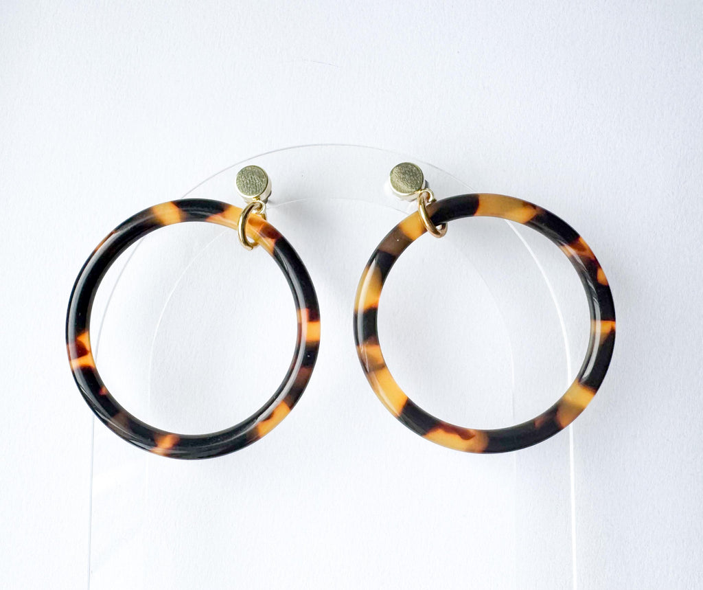 The 'Elena' Tortoise Hoop Earring Tortoise Shell Circle Drop Earring with Gold Post Handmade in NYC
