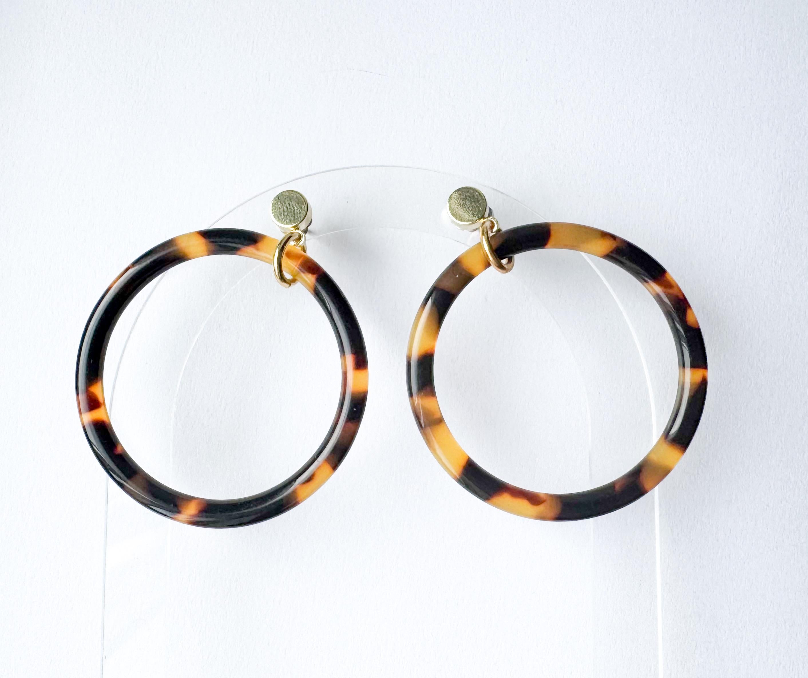 The 'Elena' Tortoise Hoop Earring Tortoise Shell Circle Drop Earring with Gold Post Handmade in NYC