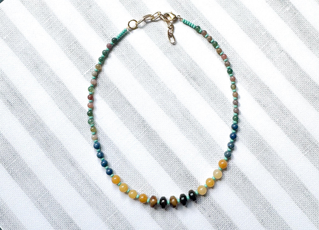 Beaded Choker Necklace Handmade From Tortoise Shell, Turquoise, Lapis, Agate, and Jade Beads With 2" Extender Beaded Gemstone Necklace