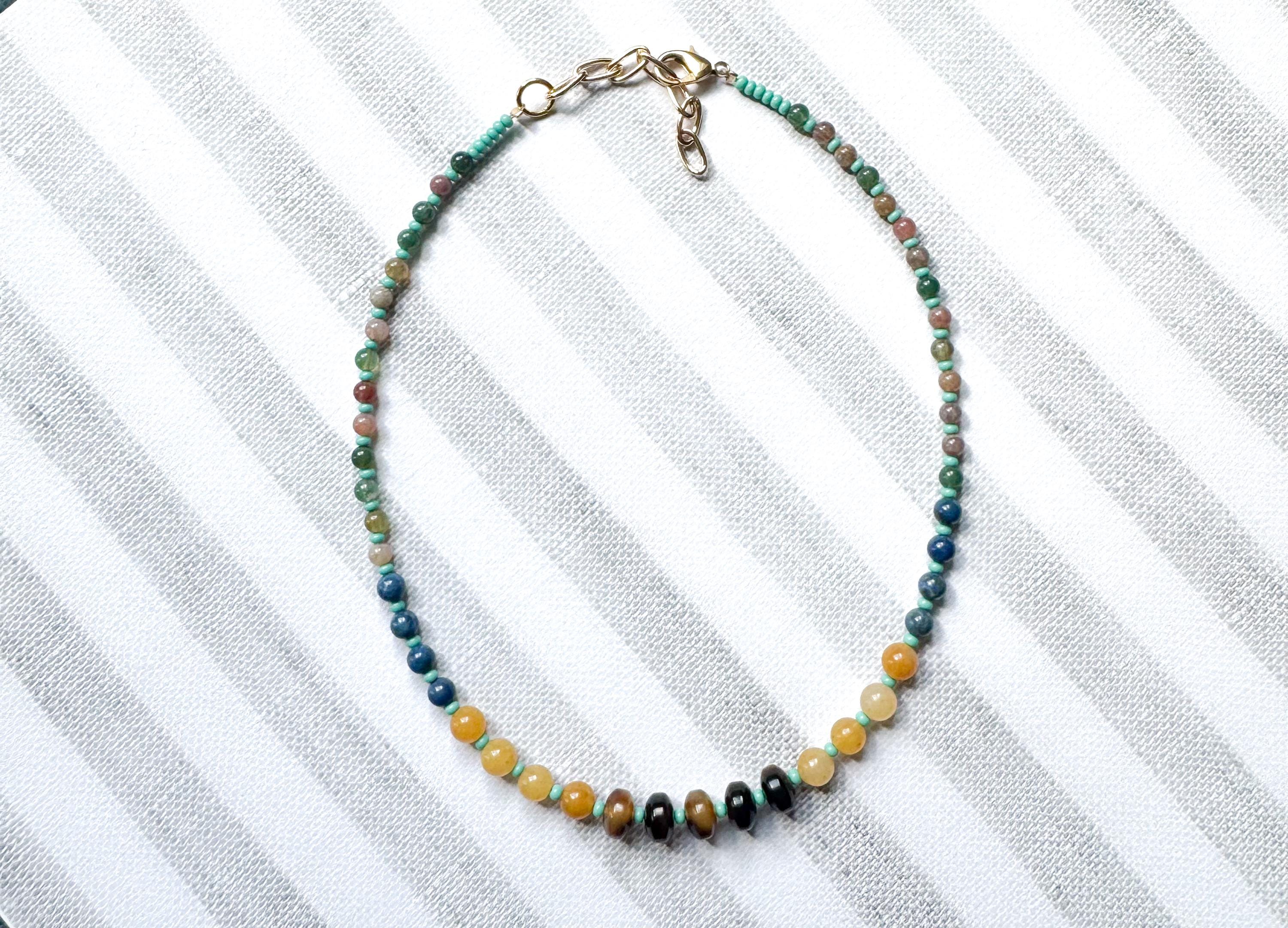 Beaded Choker Necklace Handmade From Tortoise Shell, Turquoise, Lapis, Agate, and Jade Beads With 2" Extender Beaded Gemstone Necklace