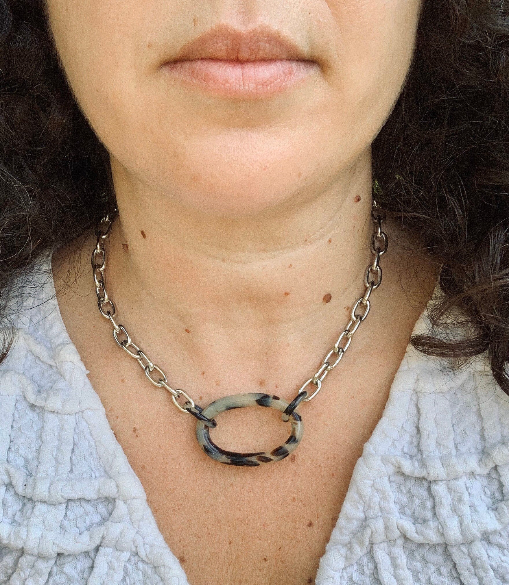 Blonde Tortoise Shell and Metal Choker Length Chunky Chain | Repurposed from Italian Cellulose Acetate Links | Made in USA | Free Shipping
