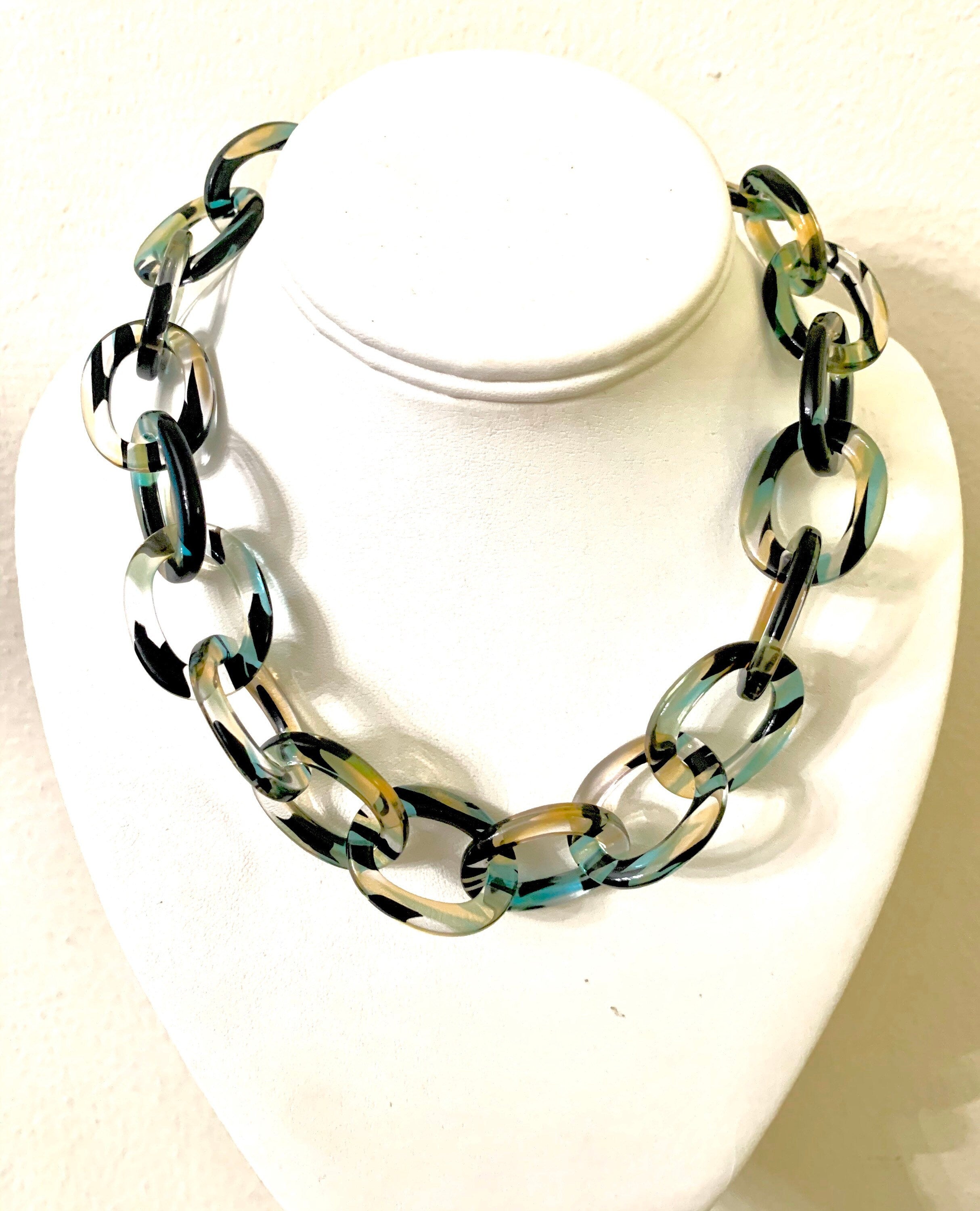 18" Chunky Choker Length Cellulose Acetate Chain in Clear Pattern With Streaks of Black, Chartreuse and Blue |Handmade in the USA|