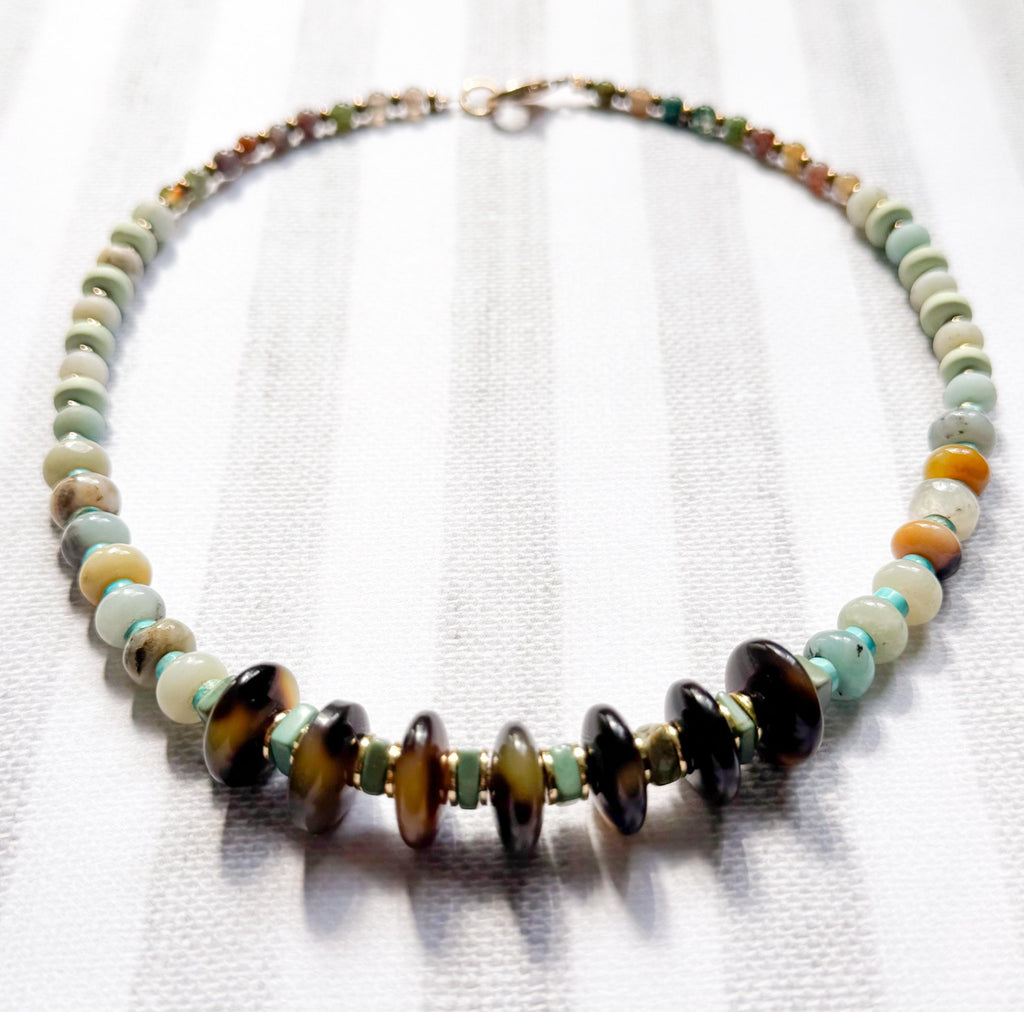Beaded Necklace Made Handmade From Tortoise Shell, Agate, Amazonite, and Turquoise Beads with Gold Spacers Handmade in NYC Limited Edition