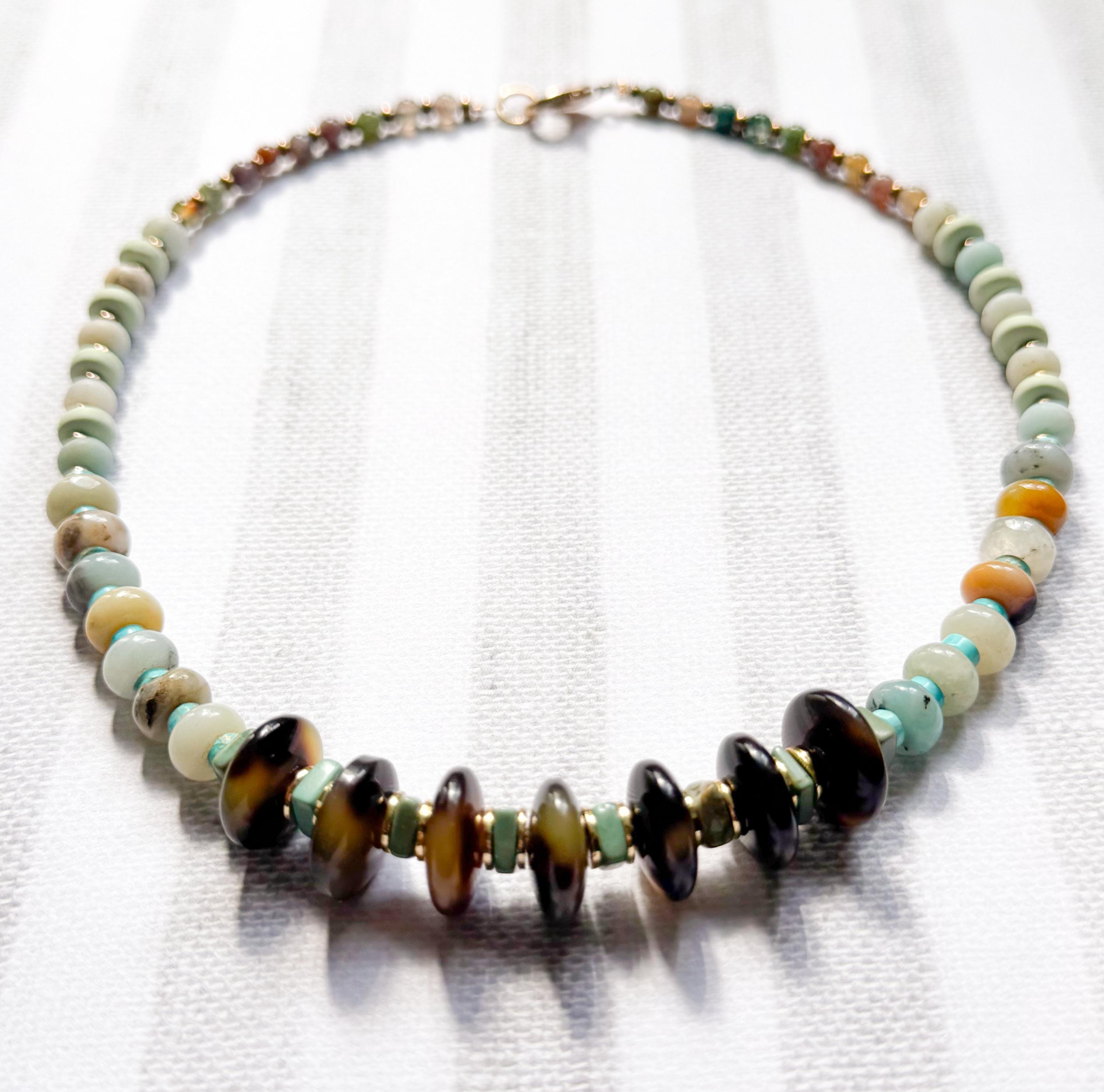 Beaded Necklace Made Handmade From Tortoise Shell, Agate, Amazonite, and Turquoise Beads with Gold Spacers Handmade in NYC Limited Edition