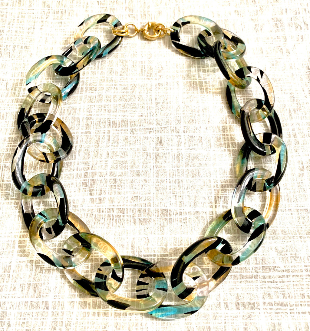 18" Chunky Choker Length Cellulose Acetate Chain in Clear Pattern With Streaks of Black, Chartreuse and Blue |Handmade in the USA|