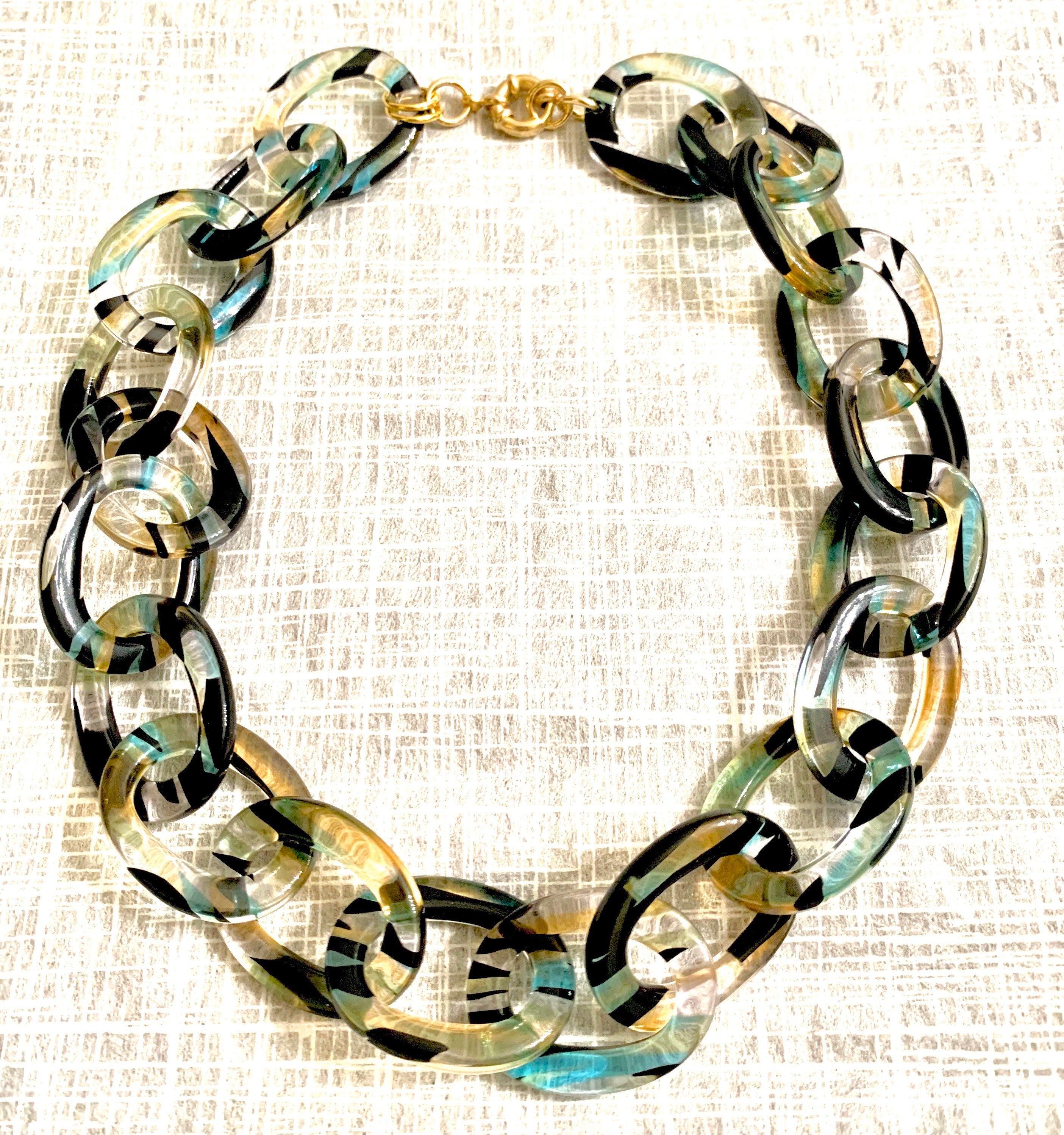 18" Chunky Choker Length Cellulose Acetate Chain in Clear Pattern With Streaks of Black, Chartreuse and Blue |Handmade in the USA|