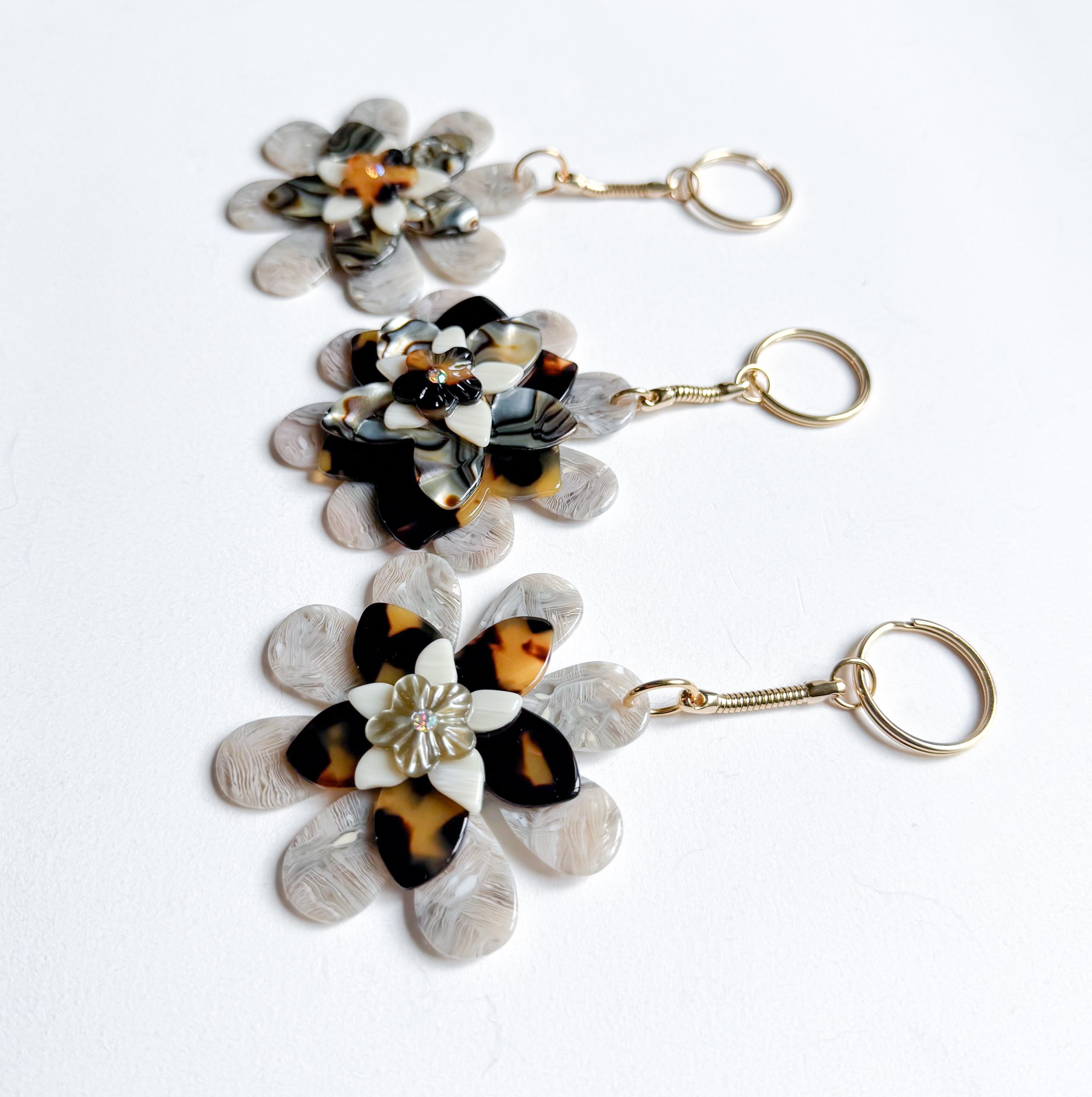 Flower Bag Charm Layered Floral Keychain Tortoise Shell Flower Keychain Charm Floral Bag Bling Handmade