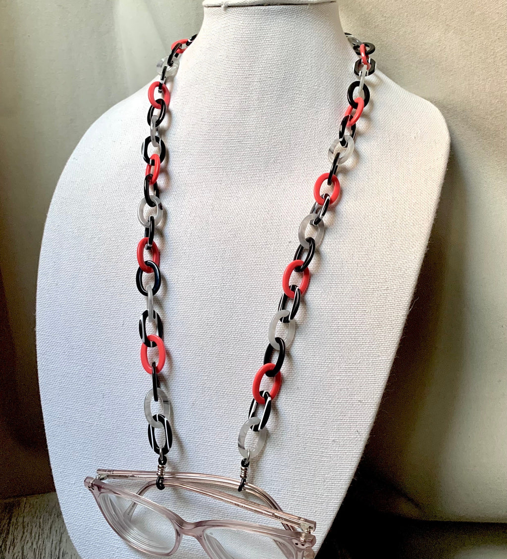 Black, White, Gray and Red Glasses Holder / Sunglass Chain Handmade from  Vintage Italian Cellulose Acetate