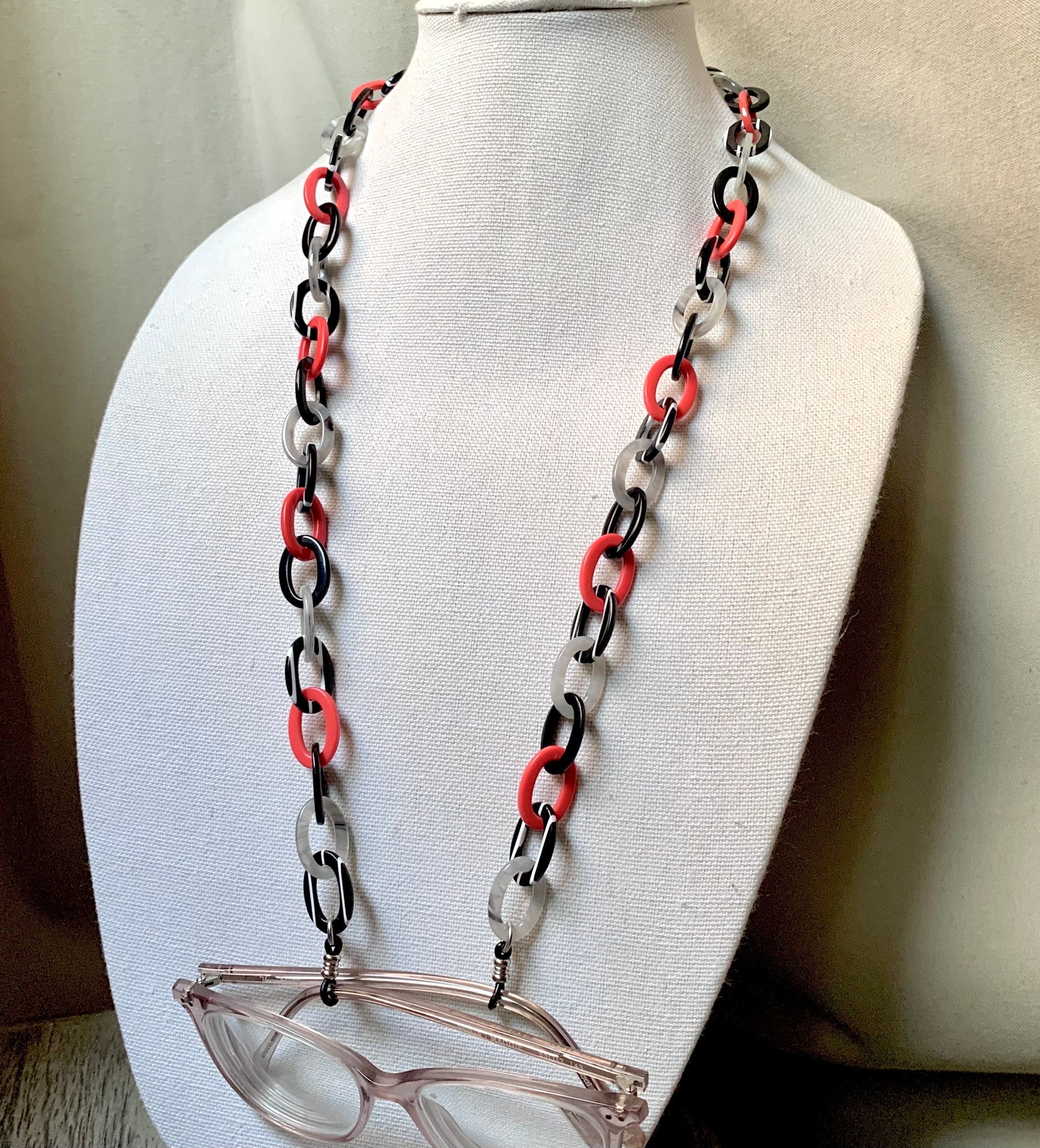 Black, White, Gray and Red Glasses Holder / Sunglass Chain Handmade from  Vintage Italian Cellulose Acetate