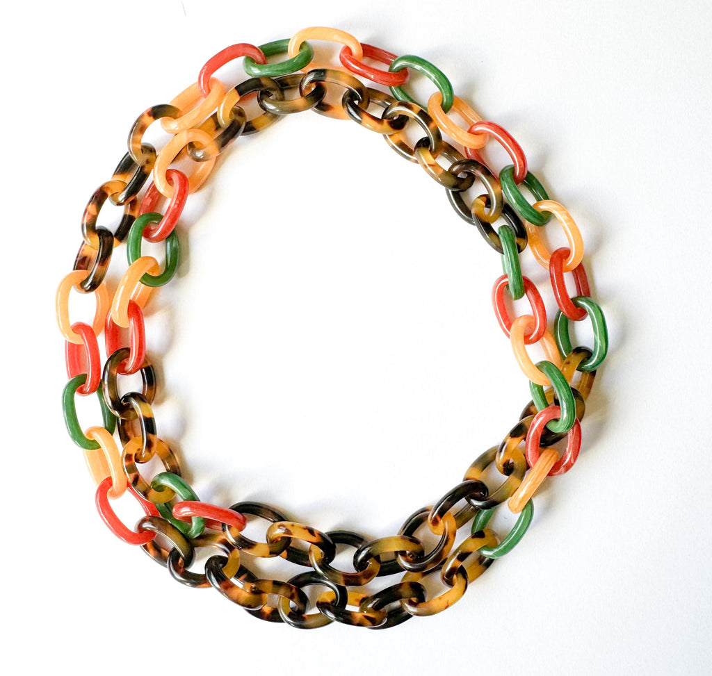Tortoise Shell  Chunky Chain Necklace With Bakelite Inspired Accents Handmade From Italian Cellulose Acetate Tortoise Shell Resin Chain