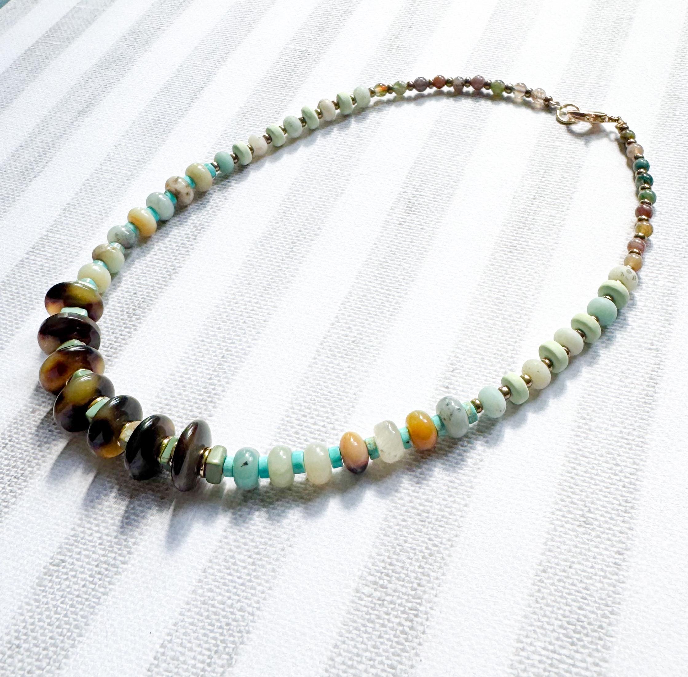 Beaded Necklace Made Handmade From Tortoise Shell, Agate, Amazonite, and Turquoise Beads with Gold Spacers Handmade in NYC Limited Edition