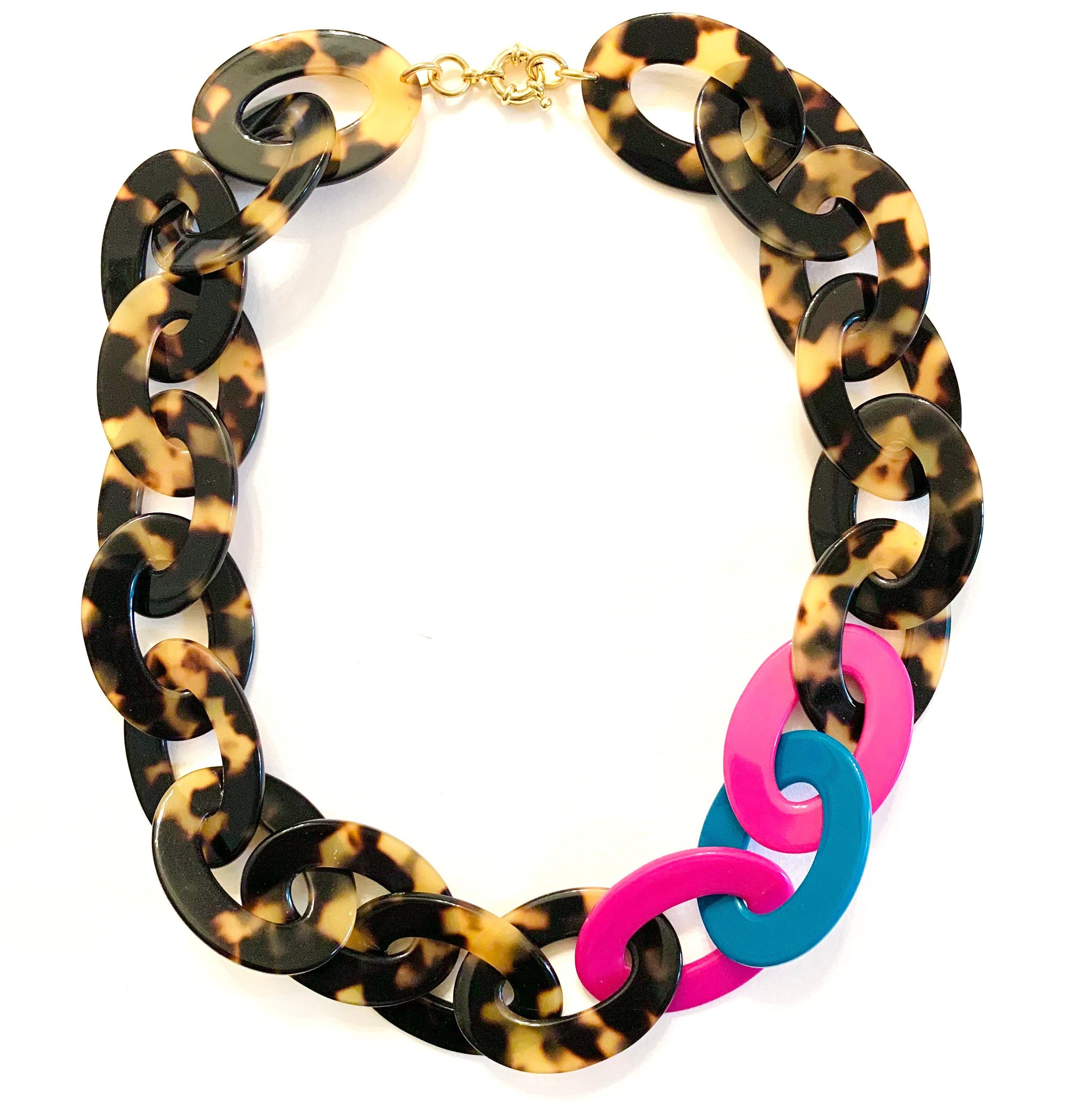 21" Colorful Tortoise Shell Chain With Pops of Magenta and Teal | Handmade in NYC From Italian Cellulose Acetate Chunky Tortoise Chain