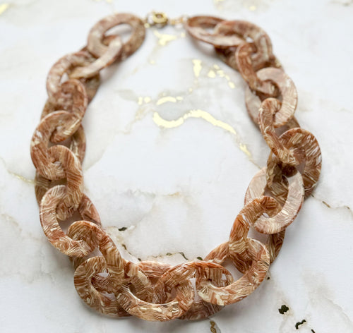 21" Chunky Chain Necklace Made Out of Rare Vintage 1970s Italian Cellulose Acetate in Neutral Pattern | Made in USA