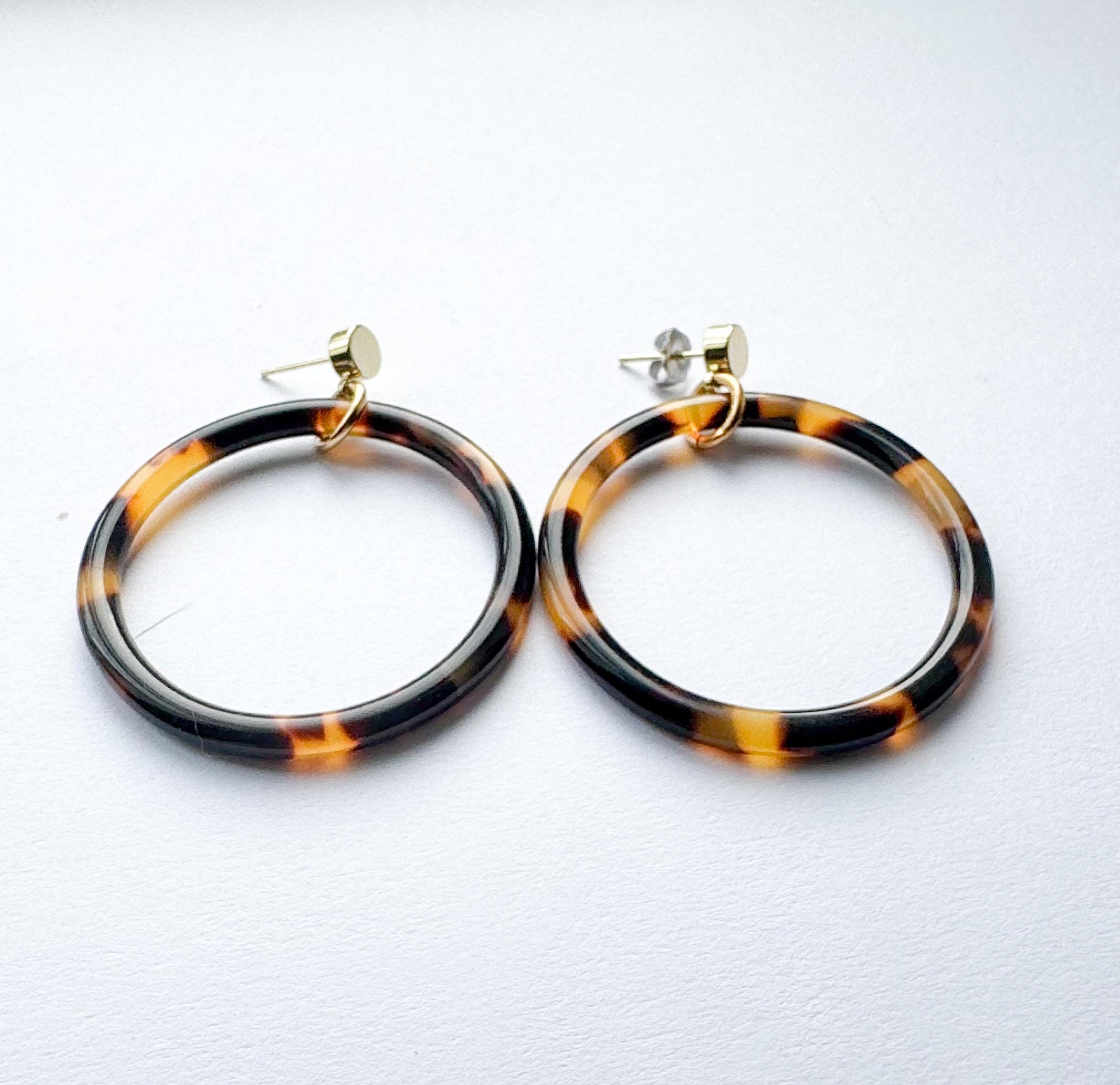 The 'Elena' Tortoise Hoop Earring Tortoise Shell Circle Drop Earring with Gold Post Handmade in NYC