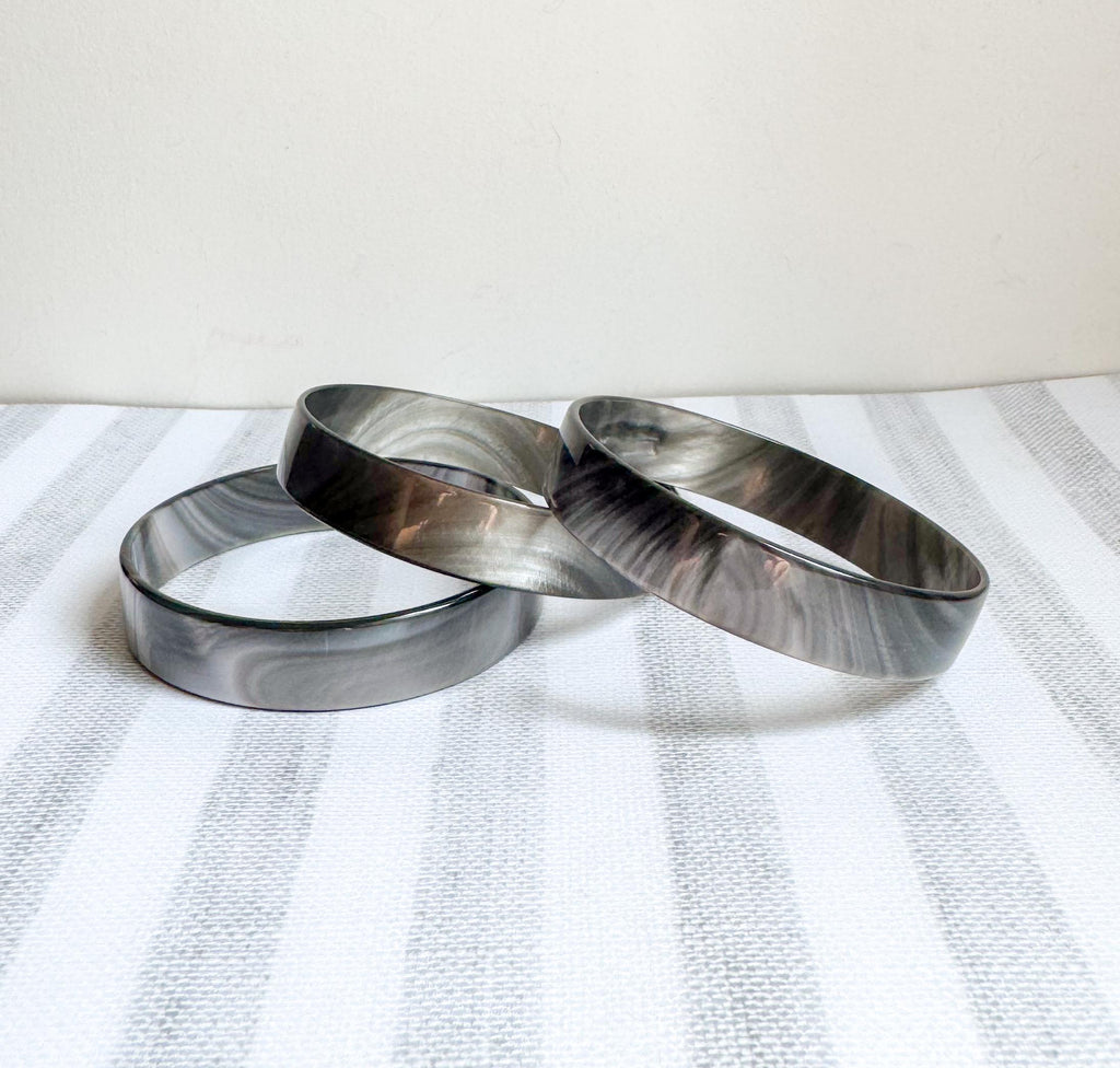 set of Three Silver Hematite Resin Bangle Bracelets Handmade From Italian Cellulose Acetate Vintage Never Worn Metallic Bangles