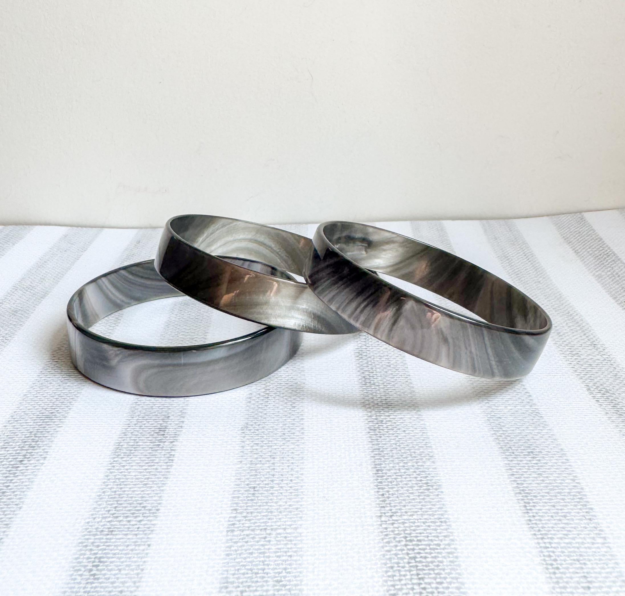 set of Three Silver Hematite Resin Bangle Bracelets Handmade From Italian Cellulose Acetate Vintage Never Worn Metallic Bangles