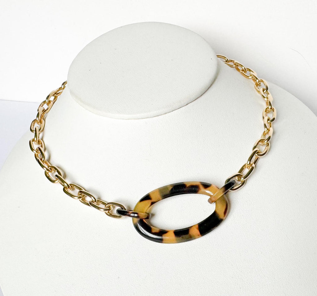 Large Tortoise Shell Link and Gold 17.5" Choker Chain |Repurposed from Vintage Italian Cellulose Acetate Links | Made in USA | Free Shipping