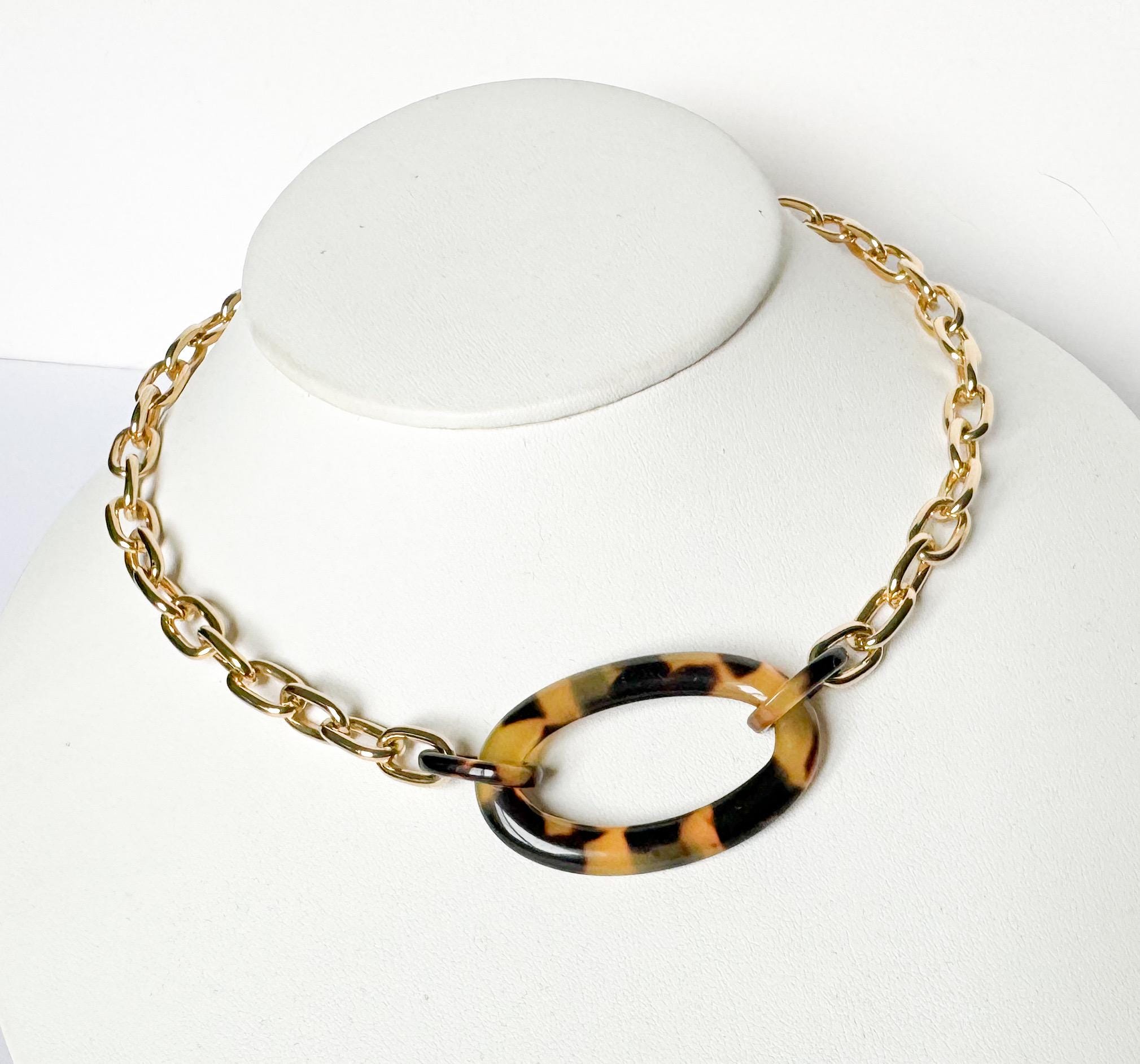 Large Tortoise Shell Link and Gold 17.5" Choker Chain |Repurposed from Vintage Italian Cellulose Acetate Links | Made in USA | Free Shipping