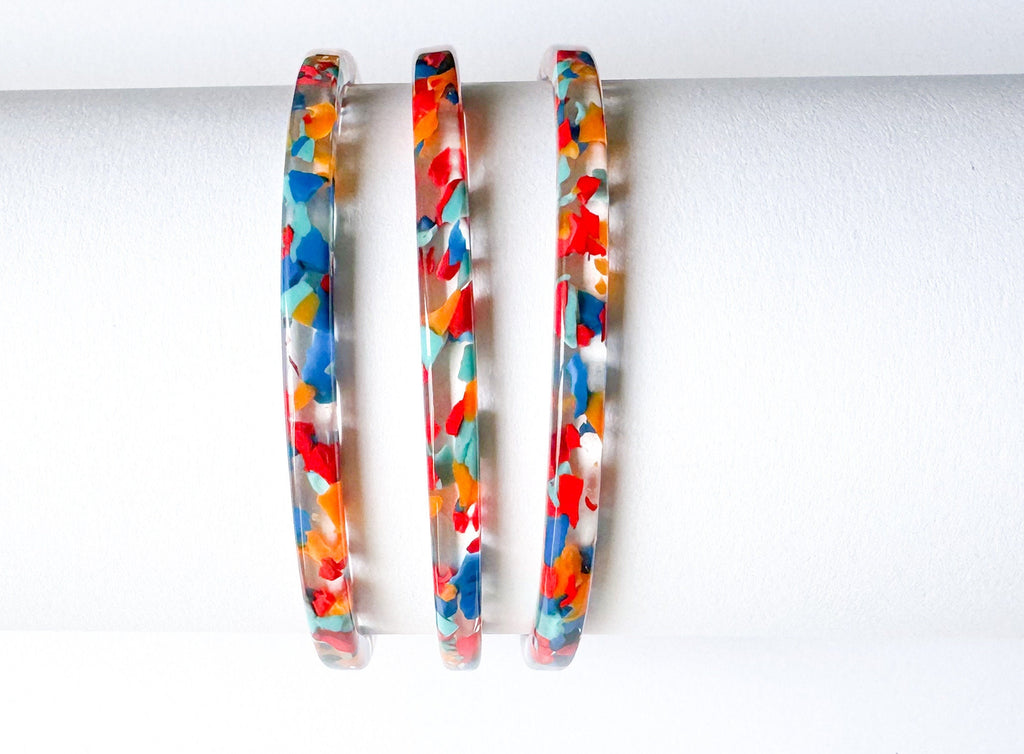 Set of Three Skinny Stacking Bangle Bracelets in Red Confetti Vintage Italian Cellulose Acetate | Handmade in the USA|