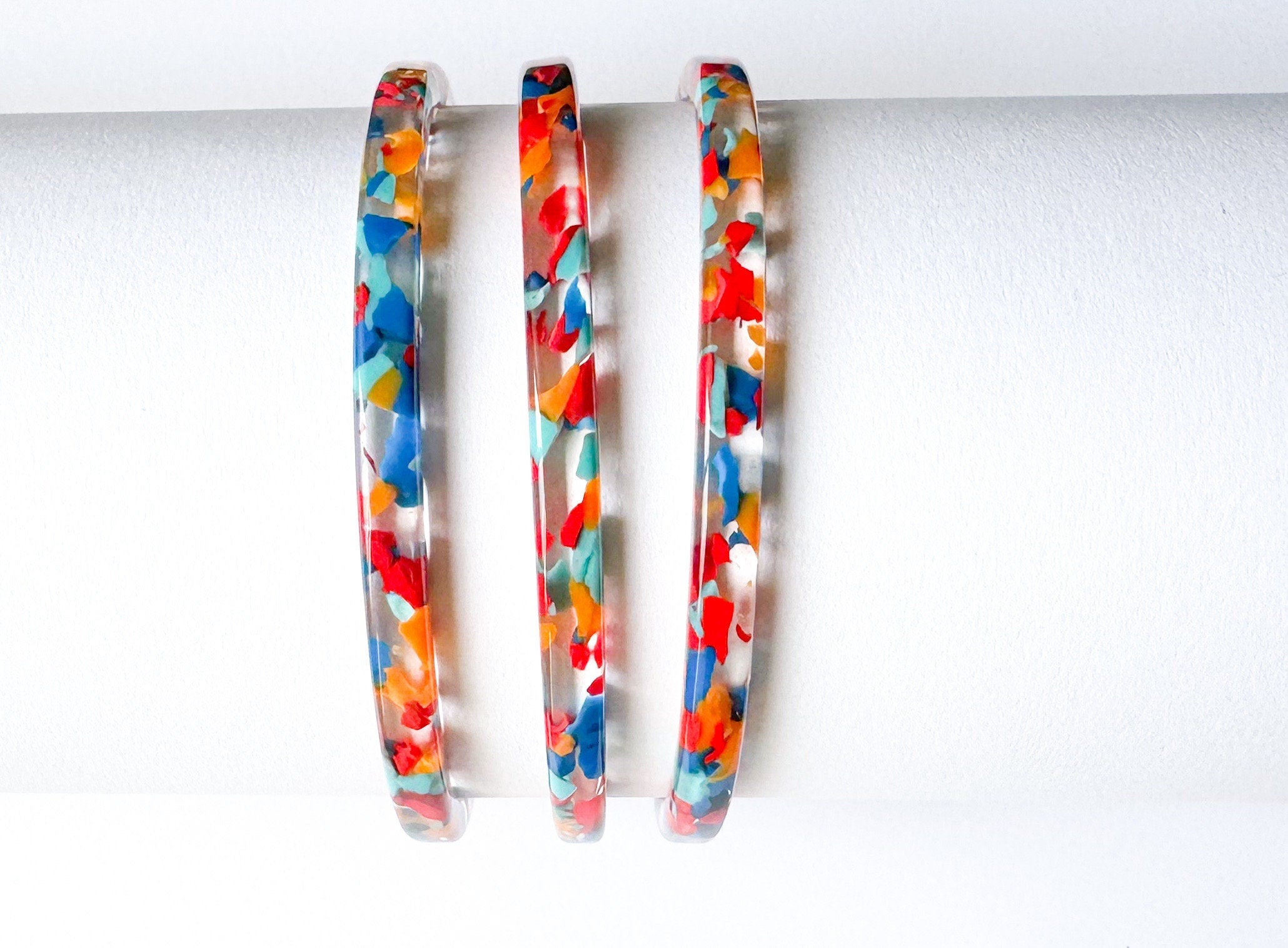 Set of Three Skinny Stacking Bangle Bracelets in Red Confetti Vintage Italian Cellulose Acetate | Handmade in the USA|