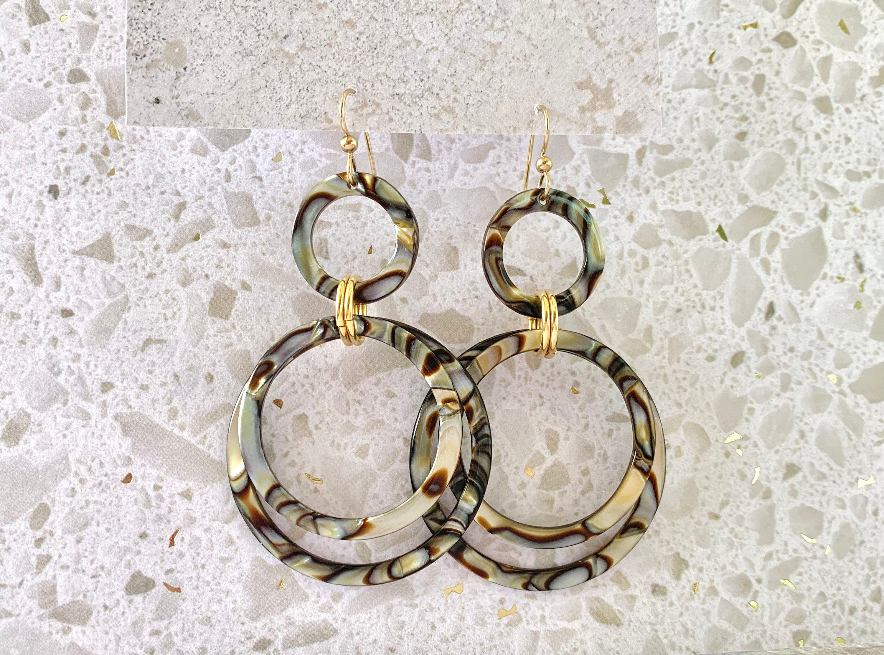 Circle Drop Earring Handmade Italian Cellulose Acetate Metallic Tortoise Statement Earring Acrylic Drop Earring