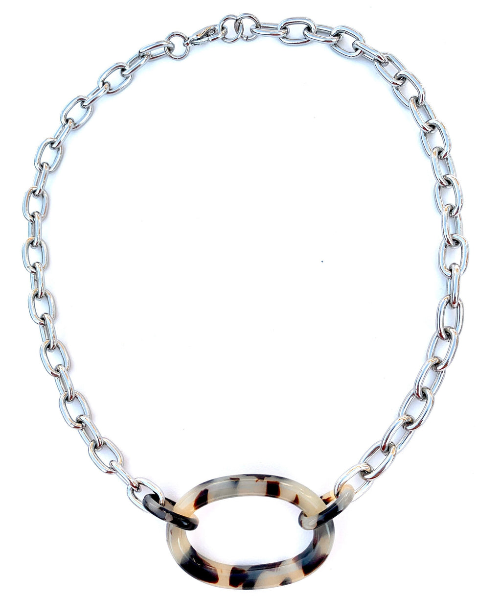 Blonde Tortoise Shell and Metal Choker Length Chunky Chain | Repurposed from Italian Cellulose Acetate Links | Made in USA | Free Shipping