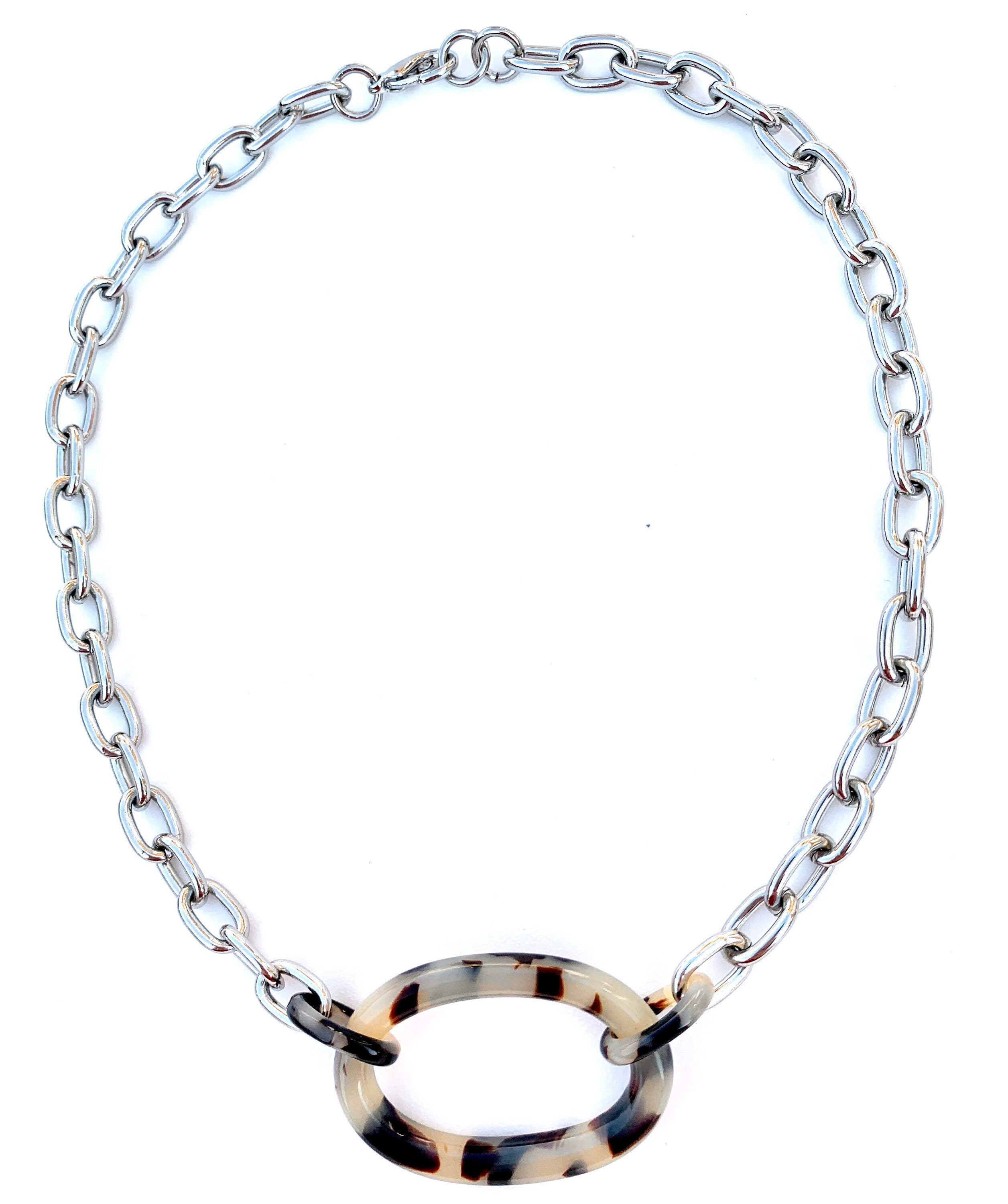 Blonde Tortoise Shell and Metal Choker Length Chunky Chain | Repurposed from Italian Cellulose Acetate Links | Made in USA | Free Shipping
