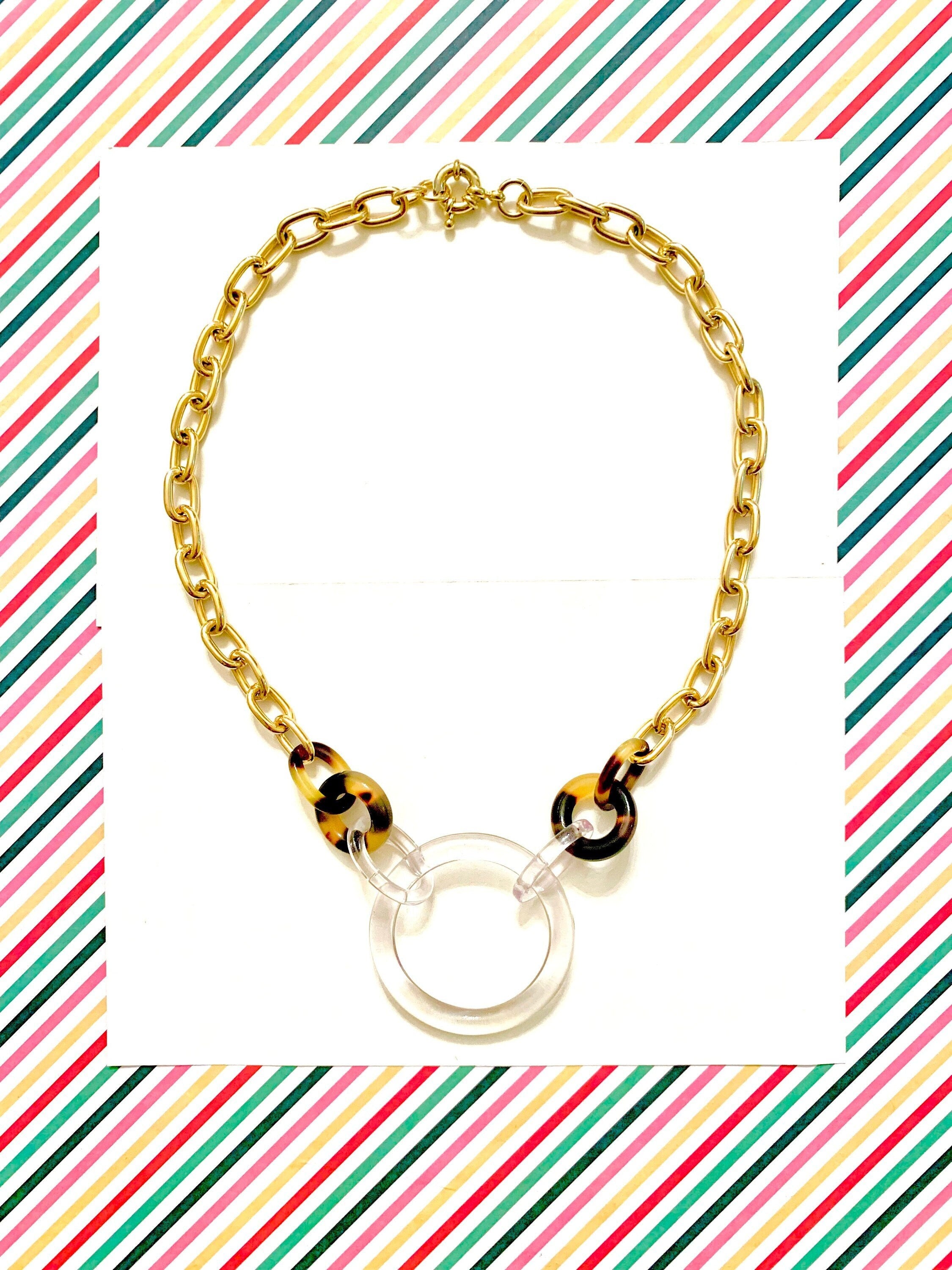 Tortoise Shell and Clear Choker Length Chunky Chain |Vintage Italian Cellulose Acetate | Made in USA | Free Shipping| Transparent Jewelry