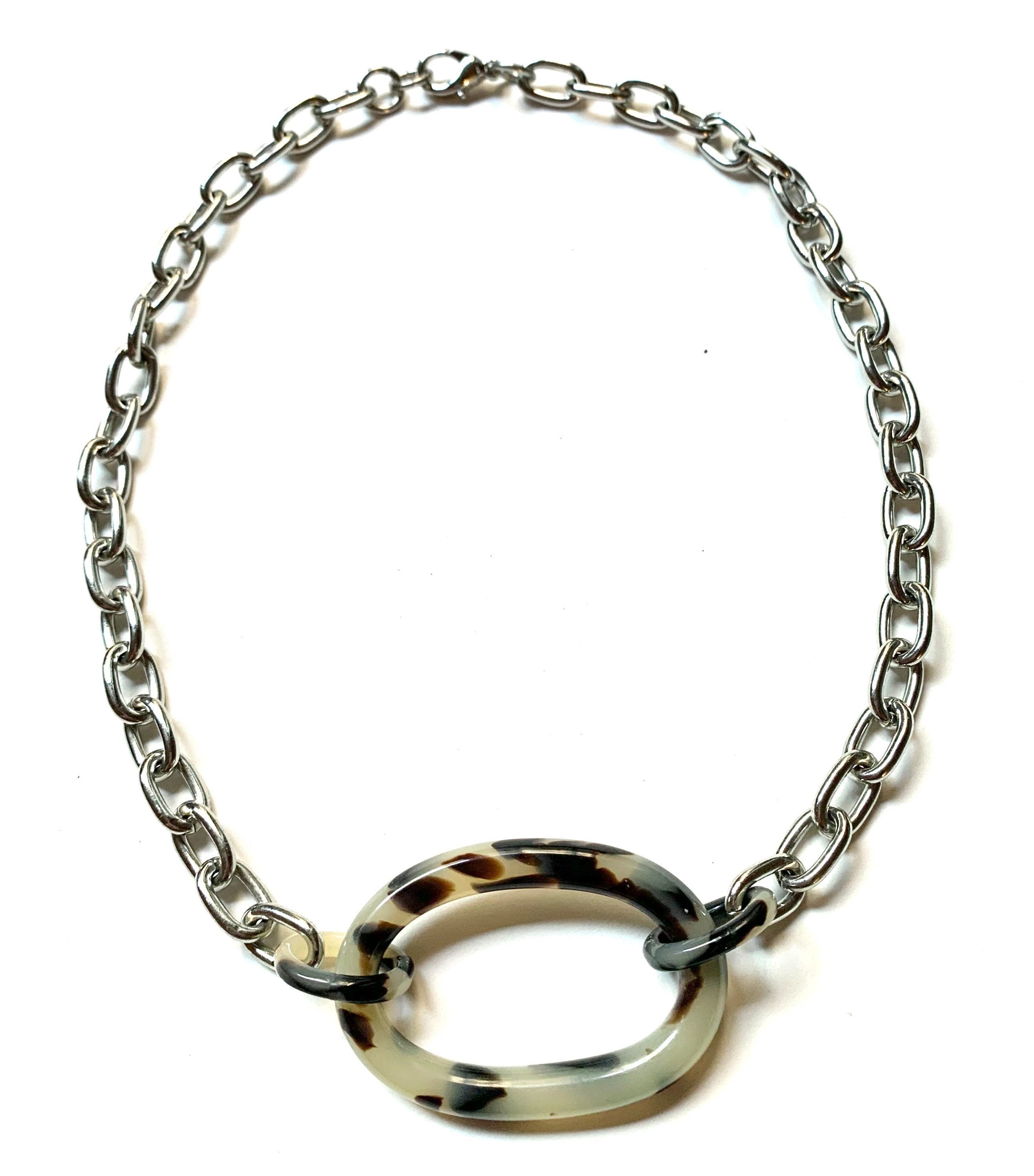 Blonde Tortoise Shell and Metal Choker Length Chunky Chain | Repurposed from Italian Cellulose Acetate Links | Made in USA | Free Shipping